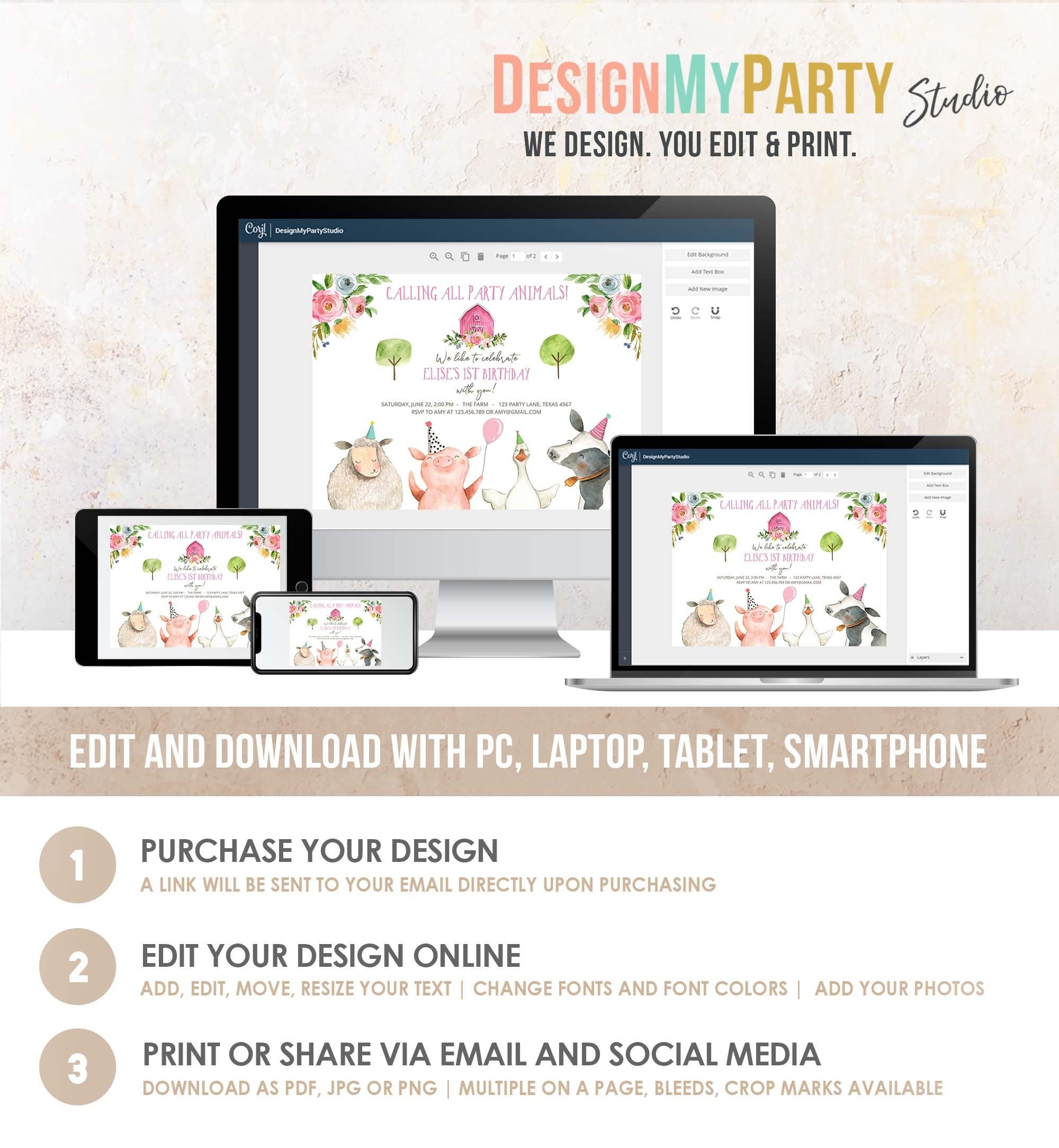Editable Farm Animals Birthday Invitation Girl Party Animals Pink Barn Barnyard Birthday Digital Download Evite Template Printable 0155