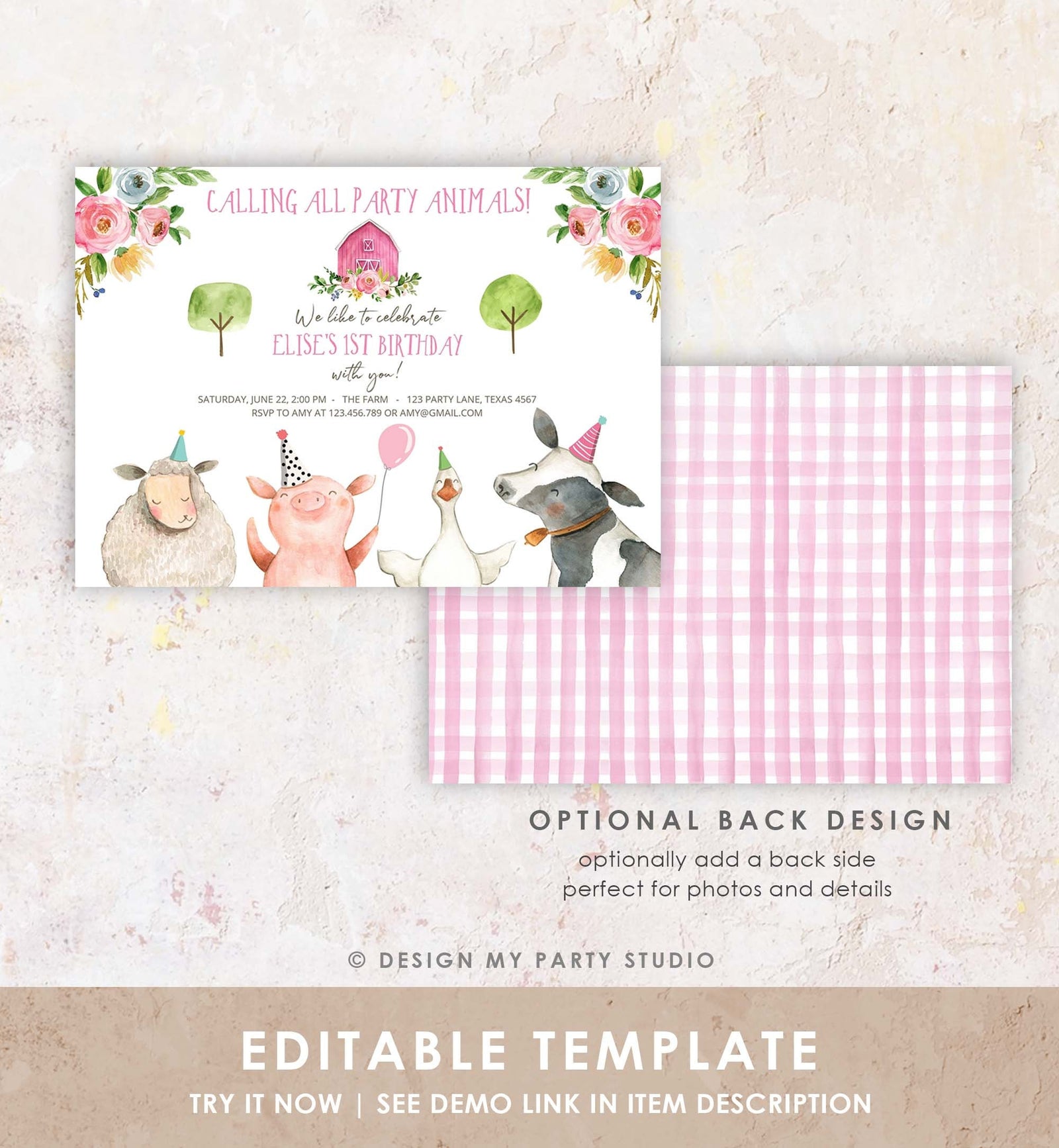 Editable Farm Animals Birthday Invitation Girl Party Animals Pink Barn Barnyard Birthday Digital Download Evite Template Printable 0155
