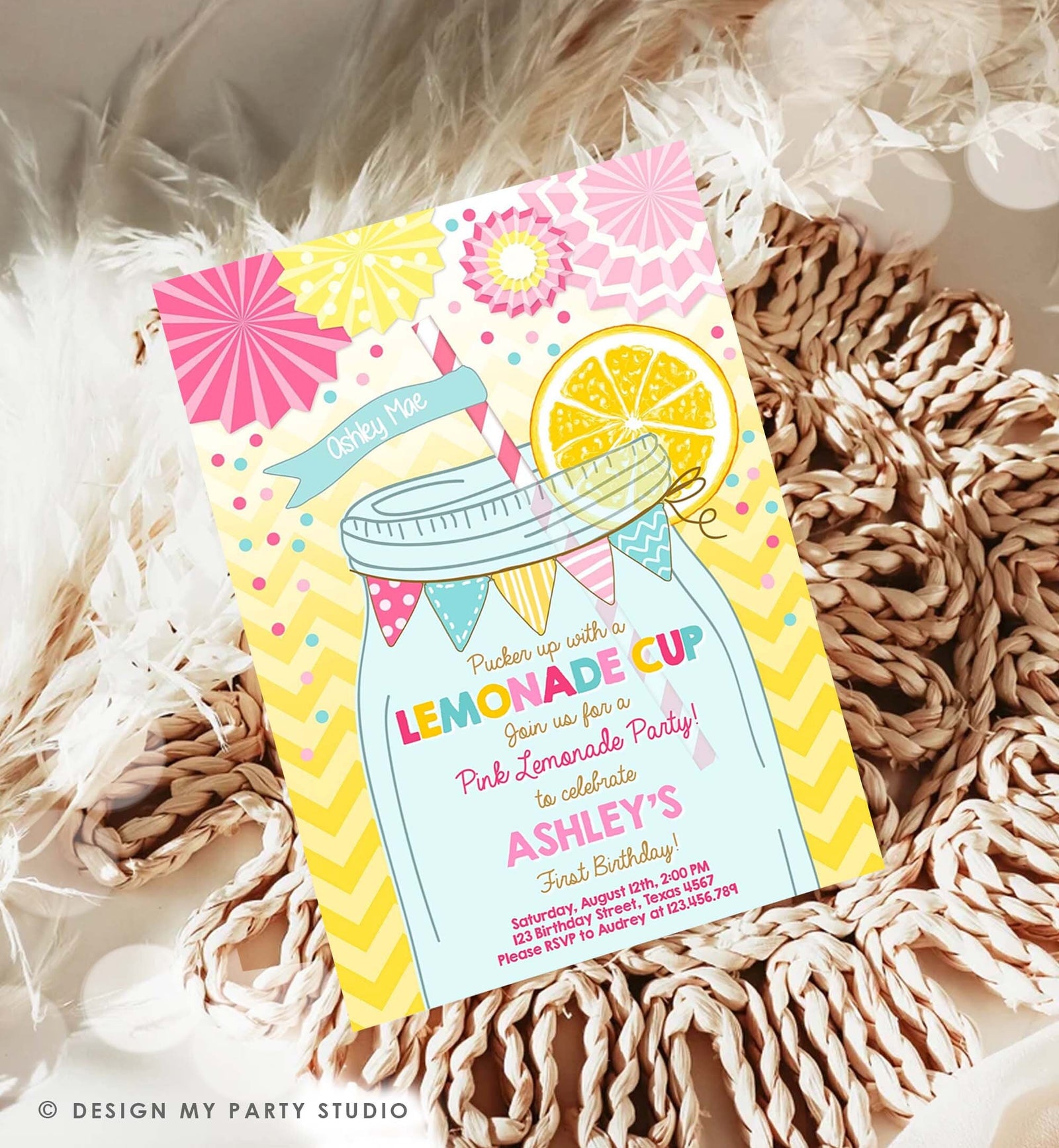 Editable Sunshine Lemonade Birthday Invitation Pink Girl Sunshine Party Lemonade Invitation 1st Birthday Printable Template Corjl 0214