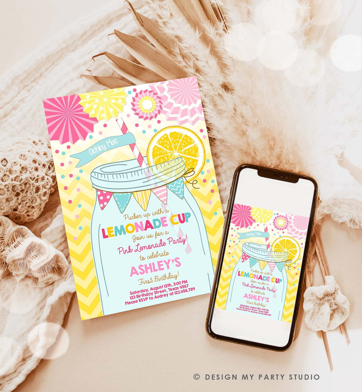 Editable Sunshine Lemonade Birthday Invitation Pink Girl Sunshine Party Lemonade Invitation 1st Birthday Printable Template Corjl 0214