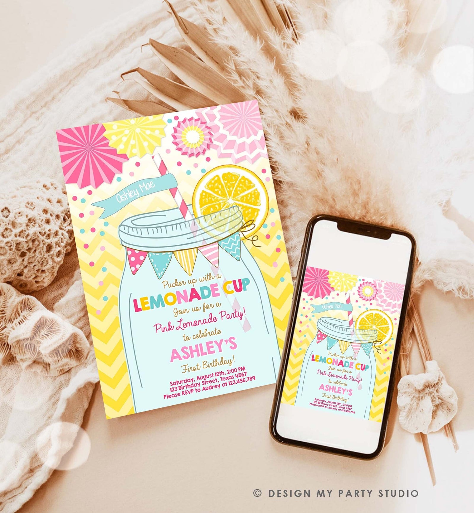 Editable Sunshine Lemonade Birthday Invitation Pink Girl Sunshine Party Lemonade Invitation 1st Birthday Printable Template Corjl 0214