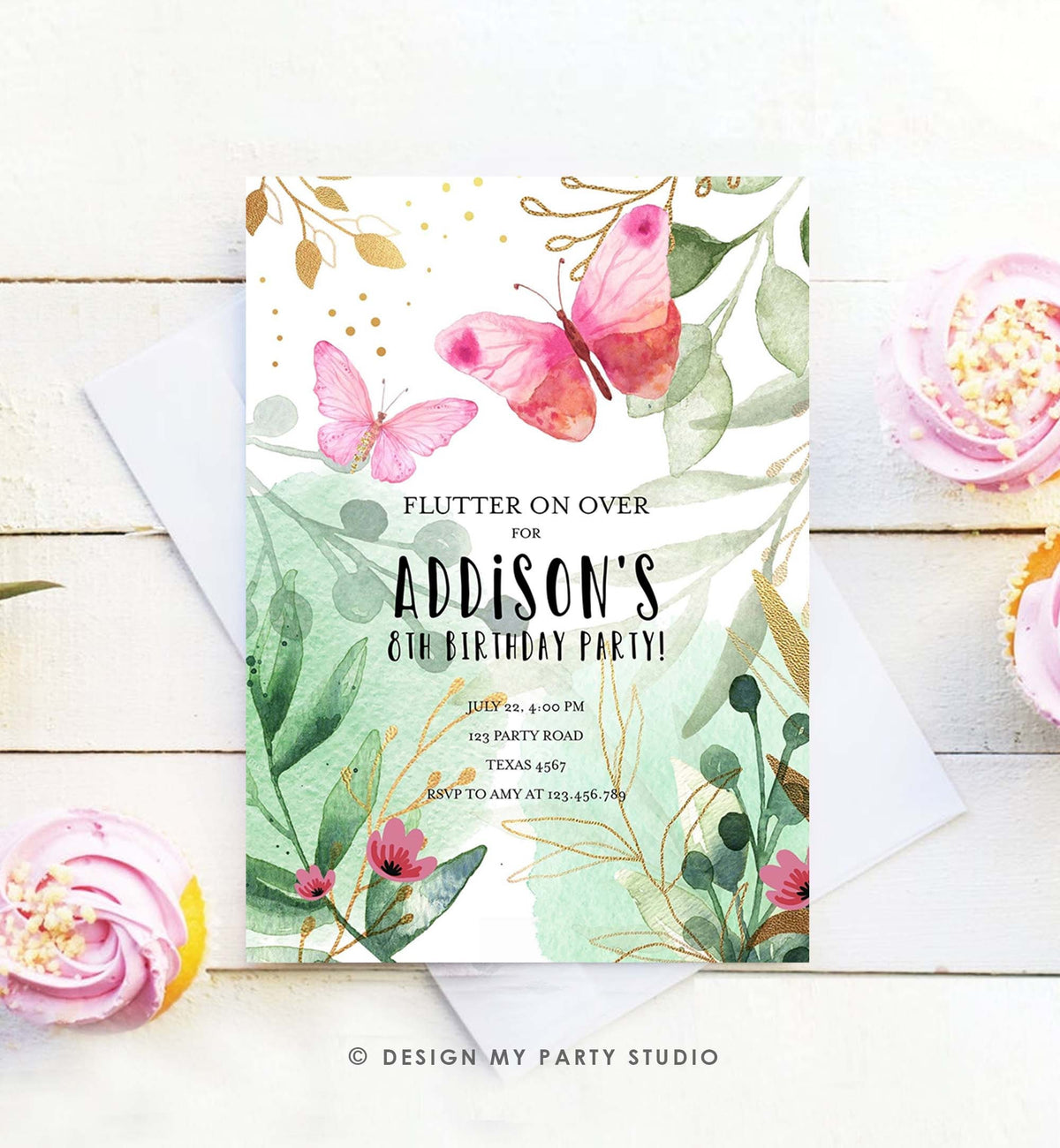 Editable Butterfly Birthday Invitation Butterfly Invitation Garden Floral Flowers Pink Gold Girl Digital Download Template Printable 0170