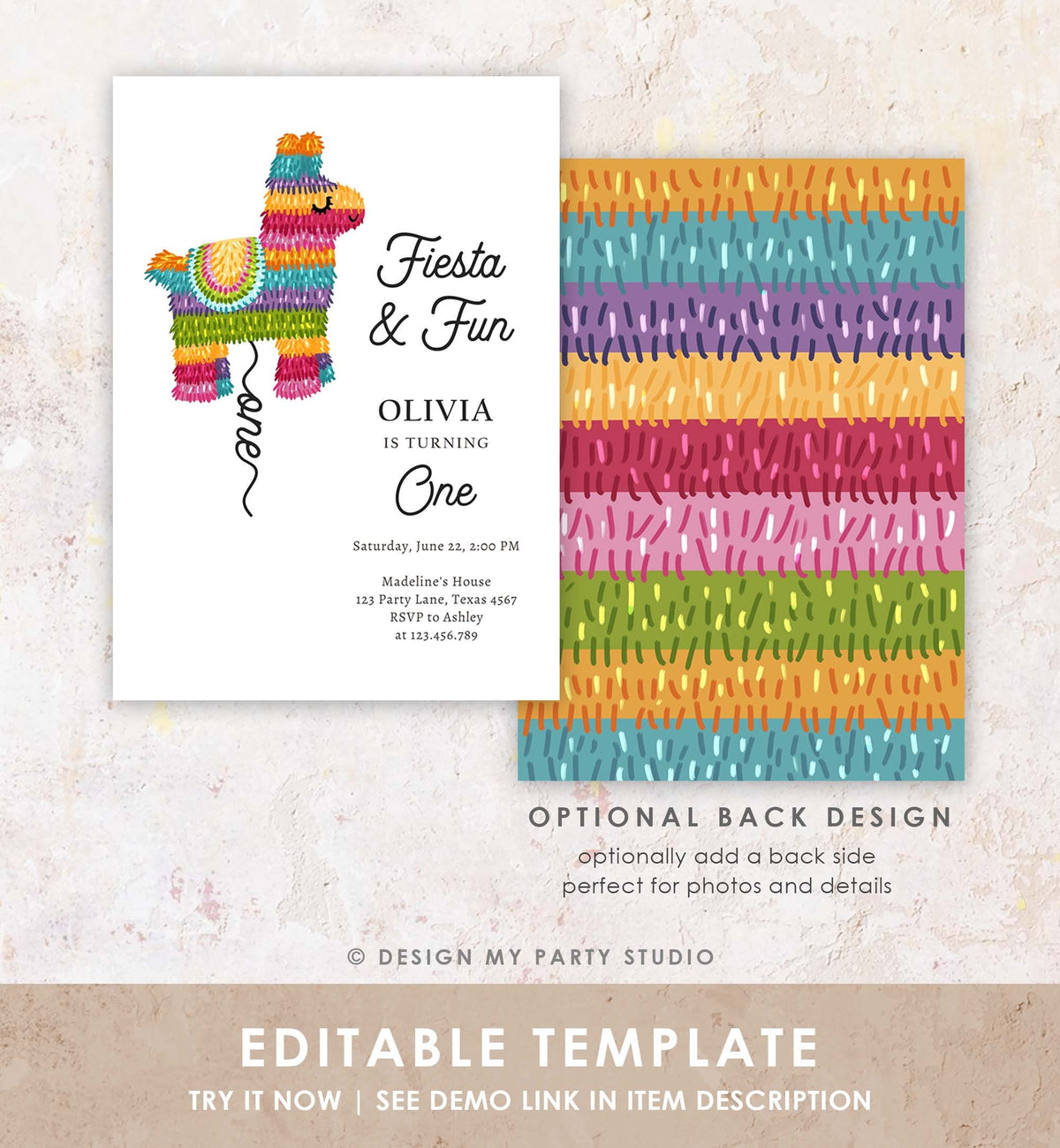 Editable Fiesta Invitation First Fiesta Birthday Mexican Piñata Invite Girl Kids Fiesta and Fun Digital Download Template Printable 0500