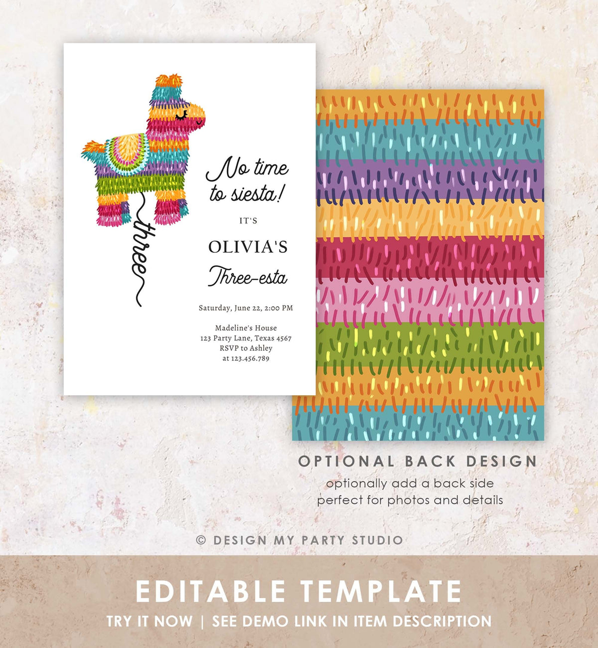 Editable Fiesta Invitation Three-esta Birthday Mexican Pinata Piñata Invite Girl Kids 3rd Siesta Printable Download Template Corjl 0500