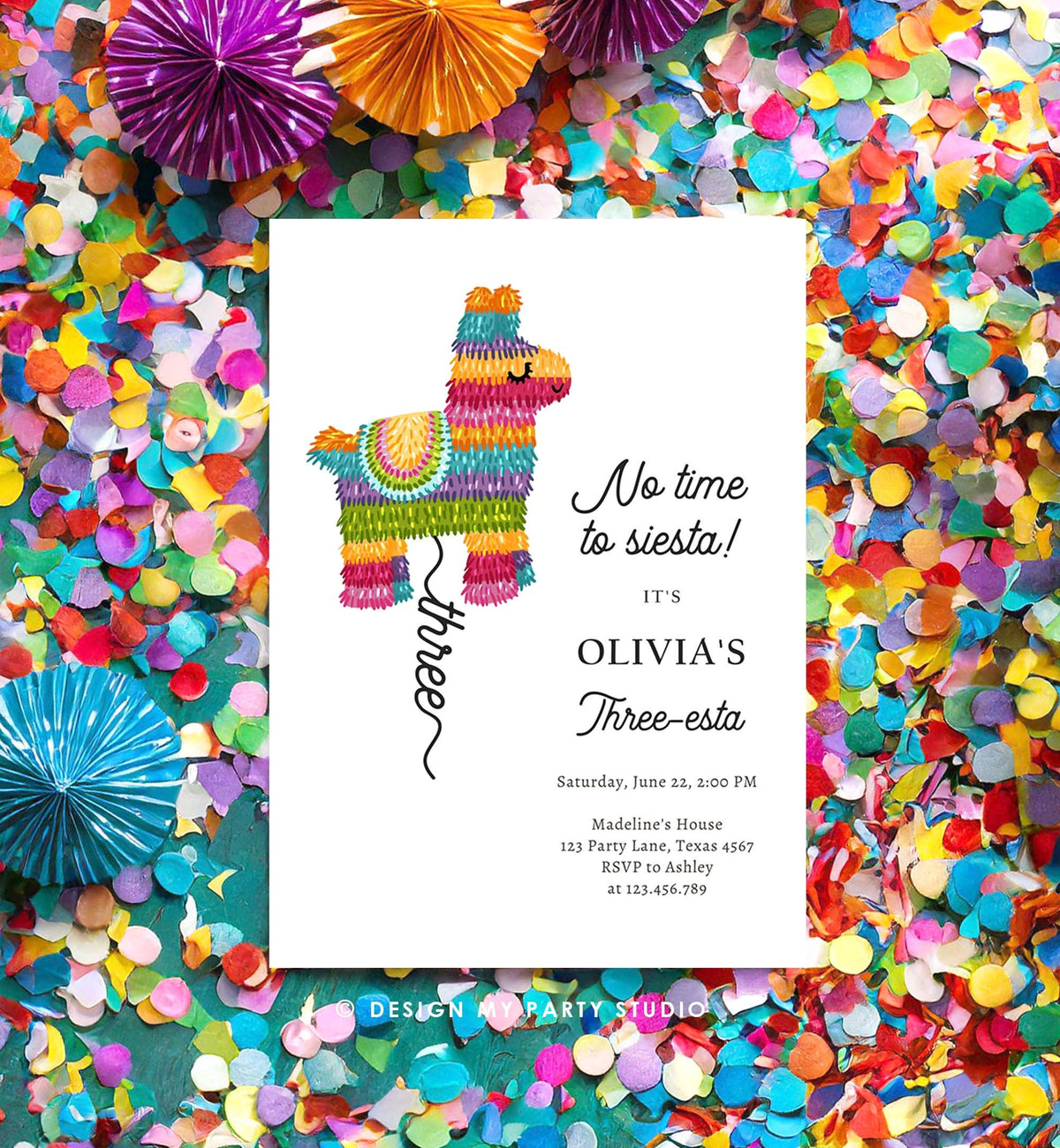 Editable Fiesta Invitation Three-esta Birthday Mexican Pinata Piñata Invite Girl Kids 3rd Siesta Printable Download Template Corjl 0500
