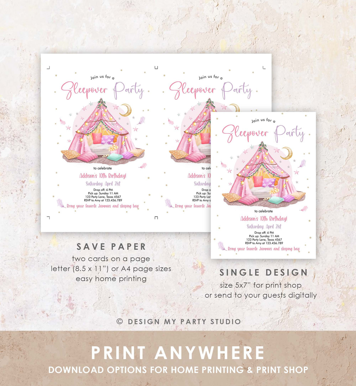 Editable Slumber Party Birthday Invitation Sleepover Birthday Invite Pink Spa Tween Teen Glamping Download Printable Template Corjl 0499