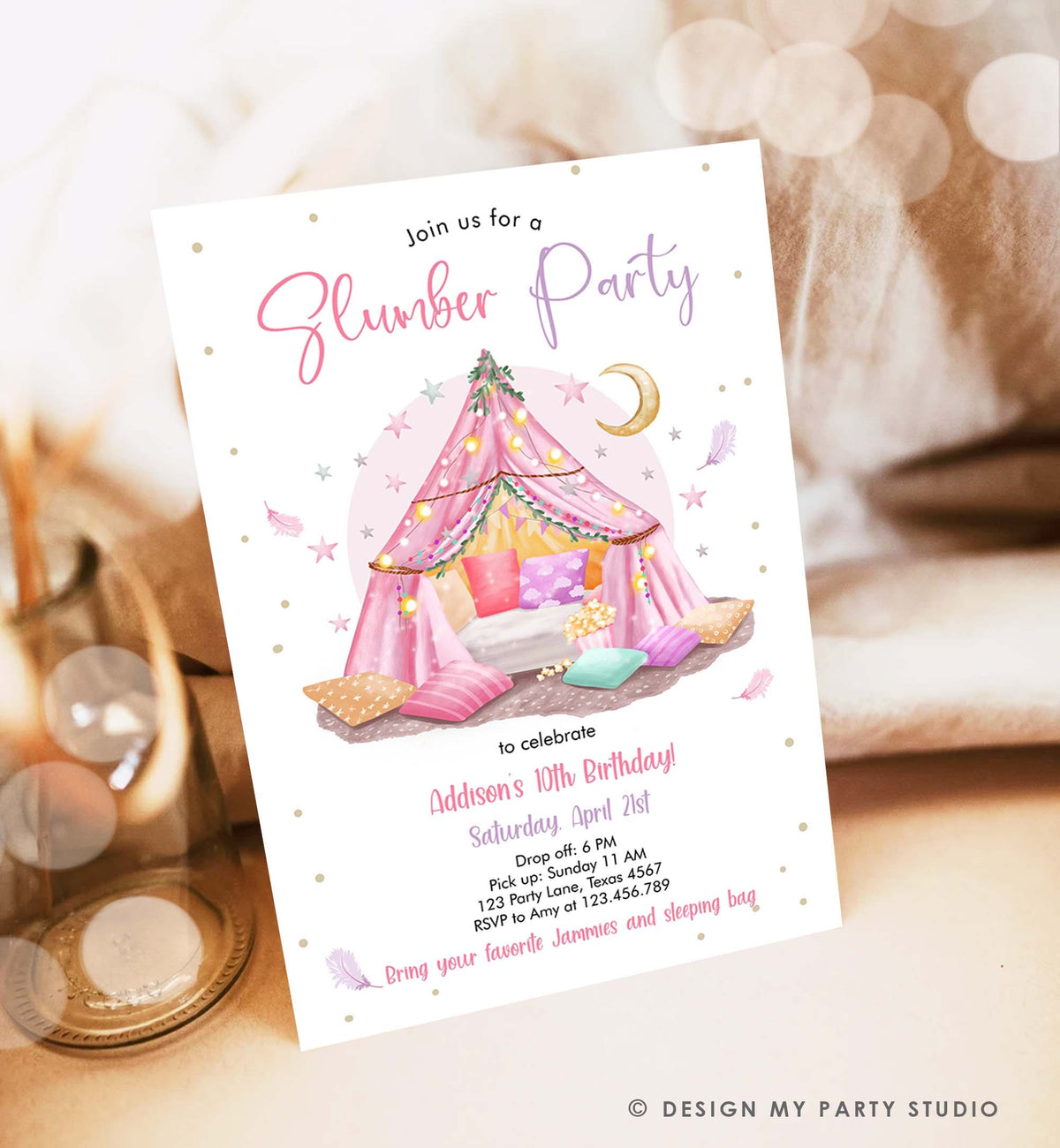 Editable Slumber Party Birthday Invitation Sleepover Birthday Pink Spa Tween Teen Glamping Digital Download Evite Template Printable 0499