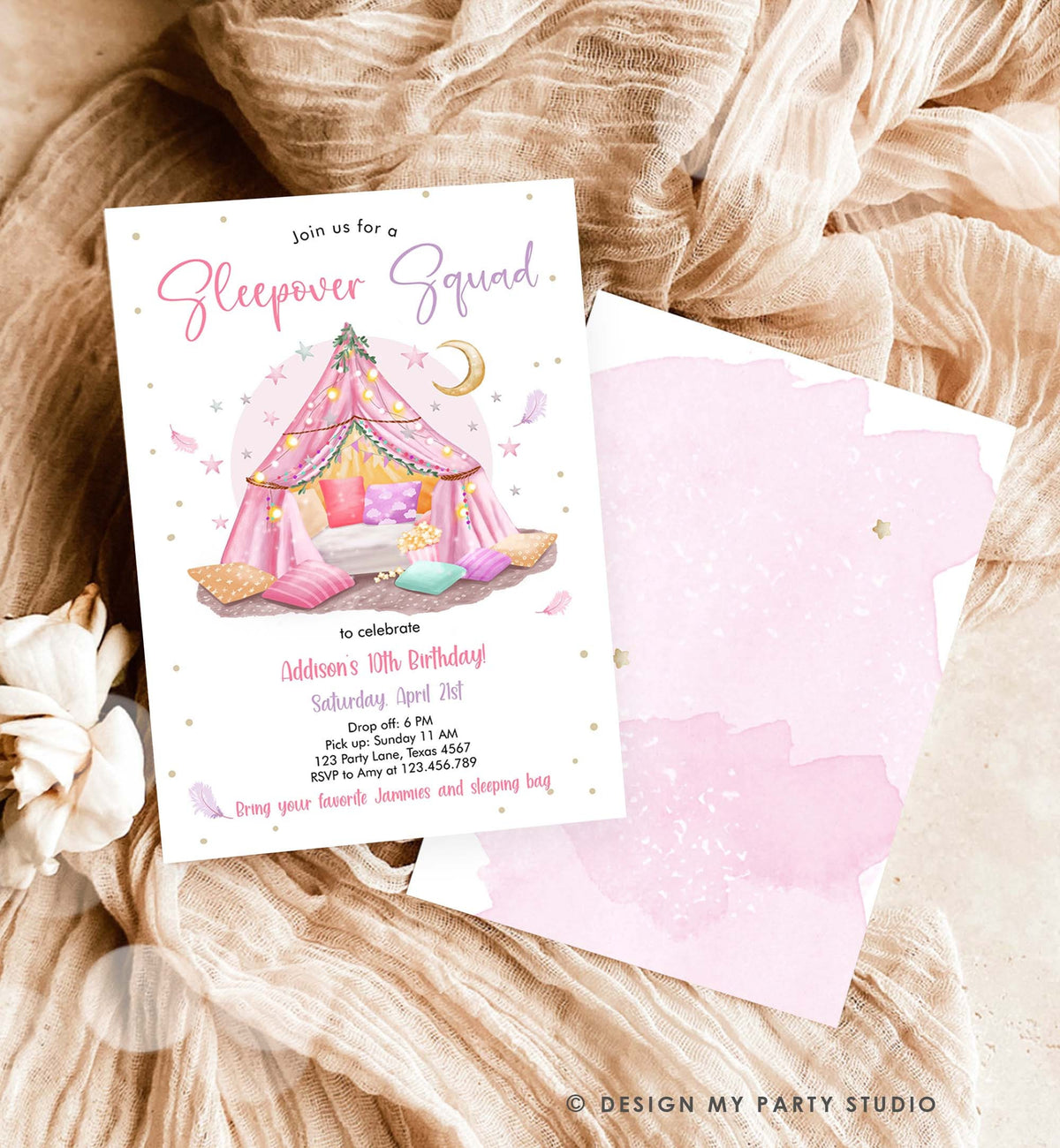 Editable Sleepover Squad Birthday Invitation Slumber Party Birthday Invite Pink Spa Tween Teen Girl Glamping Download Template Corjl 0499
