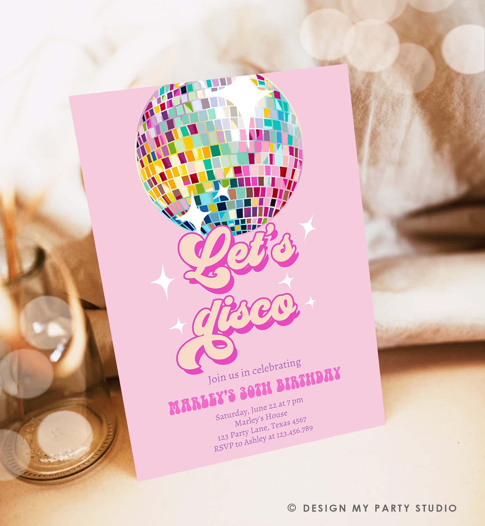 Editable Disco Birthday Party Invitation Disco Party Birthday Adult Let's Disco 70s Retro Pink Dance Download Template Corjl Digital 0501