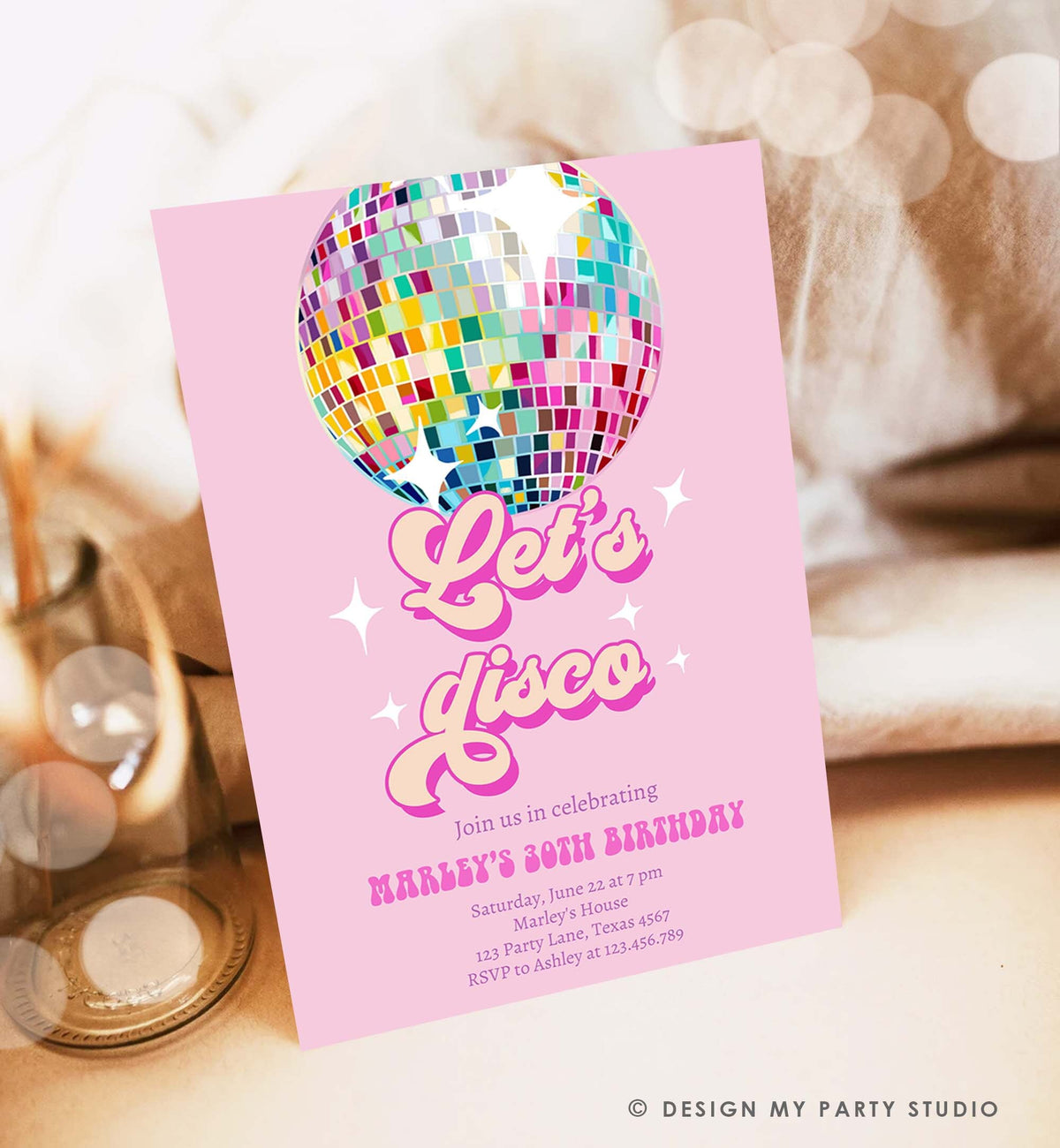 Editable Disco Birthday Party Invitation Disco Party Birthday Adult Let&#39;s Disco 70s Retro Pink Dance Download Template Corjl Digital 0501