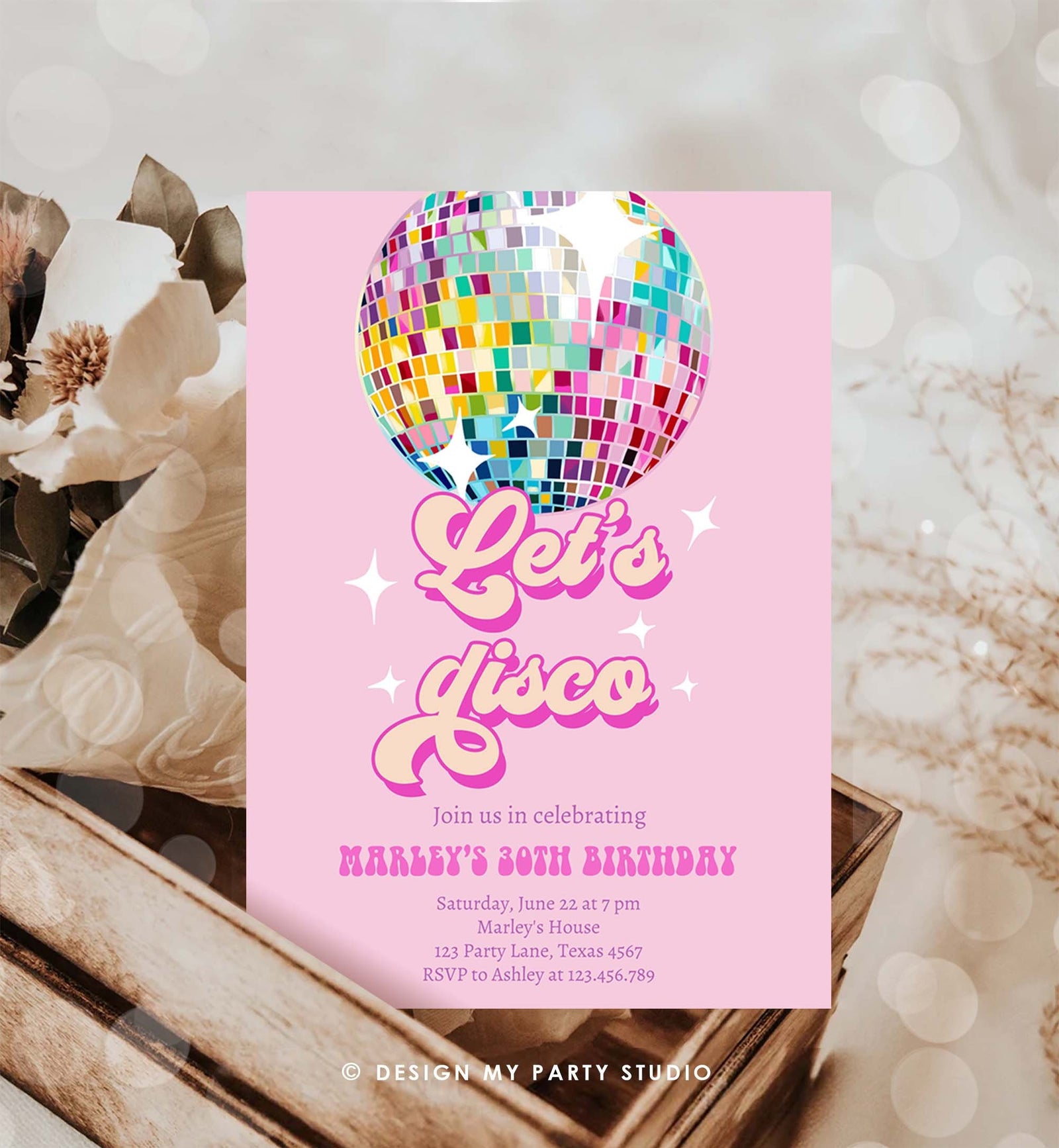 Editable Disco Birthday Party Invitation Disco Party Birthday Adult Let's Disco 70s Retro Pink Dance Download Template Corjl Digital 0501