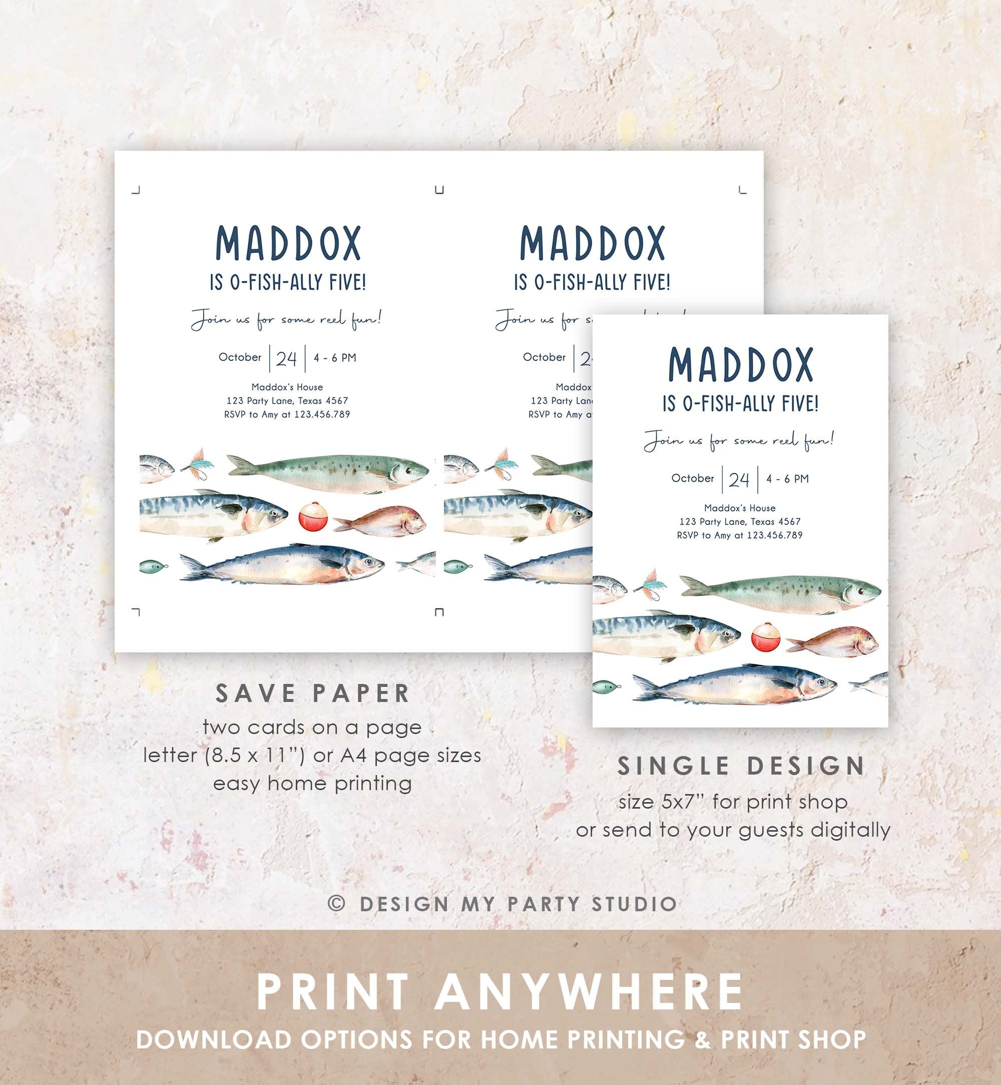 Editable Fishing Birthday Invitation Fishing Party O-Fish-Ally The Big One Gone Fishing Blue Boy Download Printable Template Corjl 0454