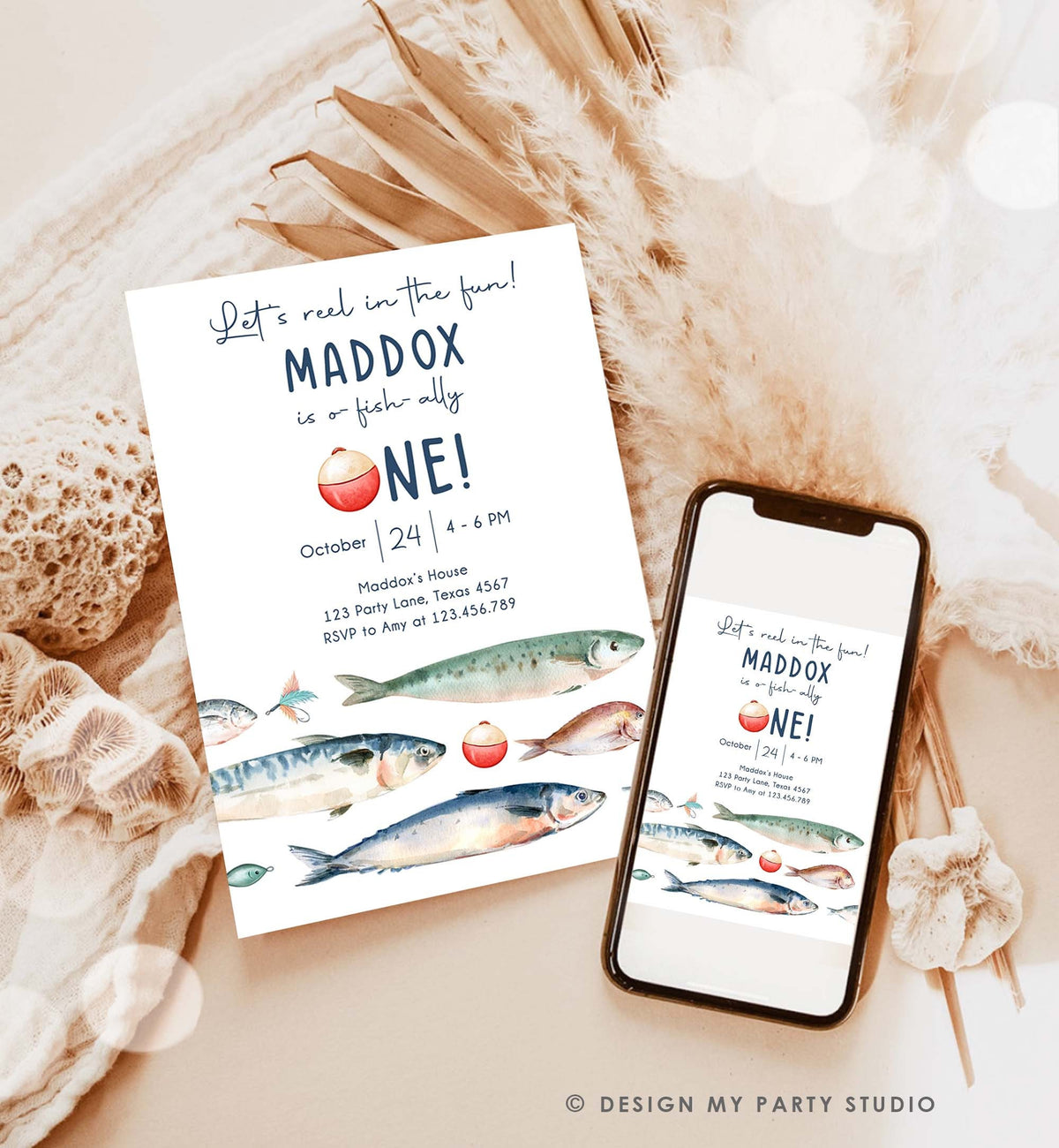 Editable Fishing Birthday Invitation Fishing Party O-Fish-Ally The Big One Gone Fishing Blue Boy Download Printable Template Corjl 0454