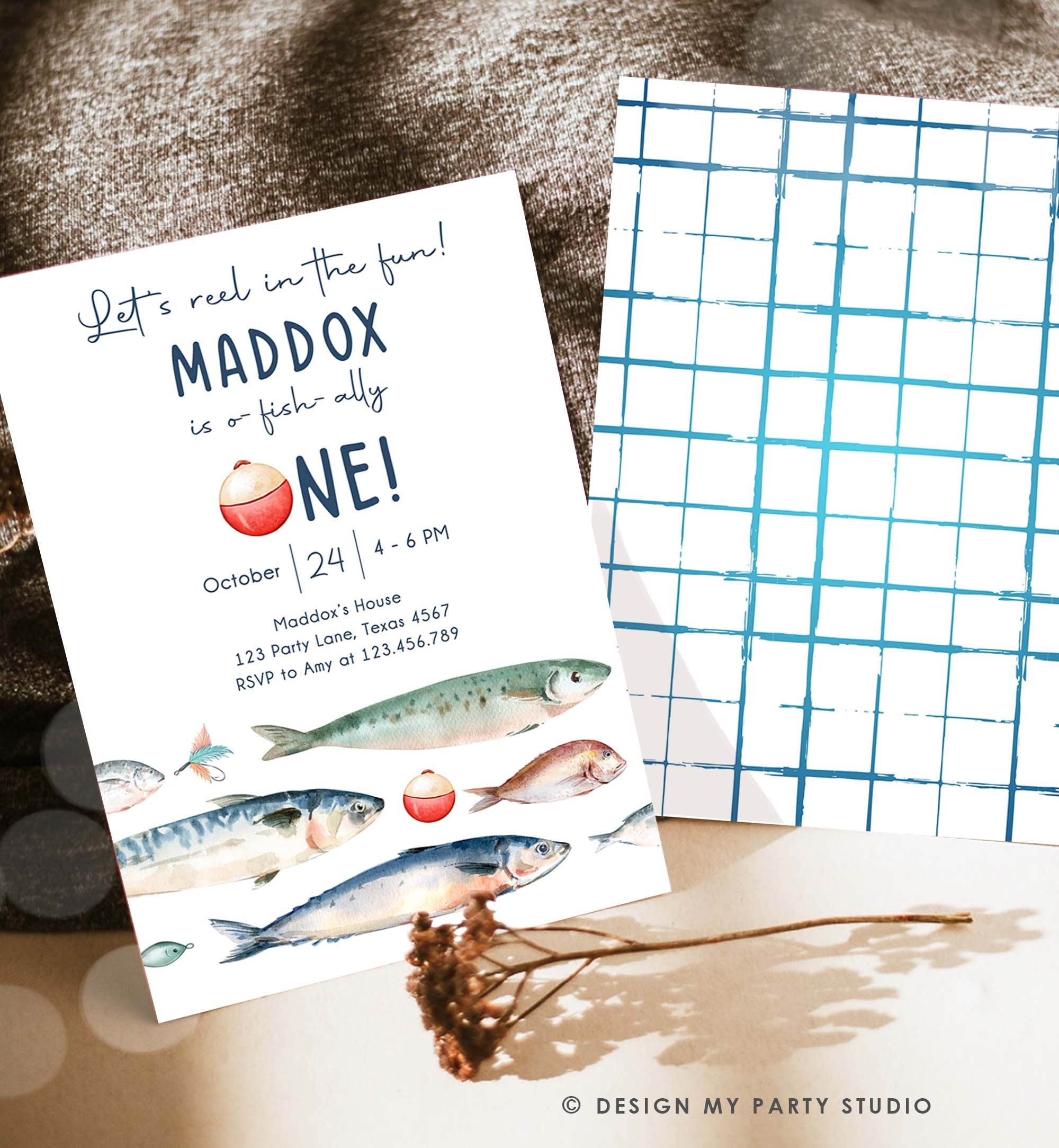 Editable Fishing Birthday Invitation Fishing Party O-Fish-Ally The Big One Gone Fishing Blue Boy Download Printable Template Corjl 0454