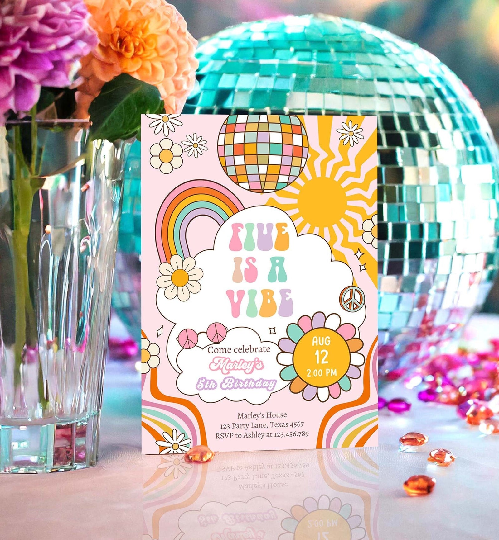 Editable Five Is A Vibe Groovy Birthday Invitation 5th Birthday Retro Rainbow Peace Love Party Pink Download Template Corjl Digital 0538