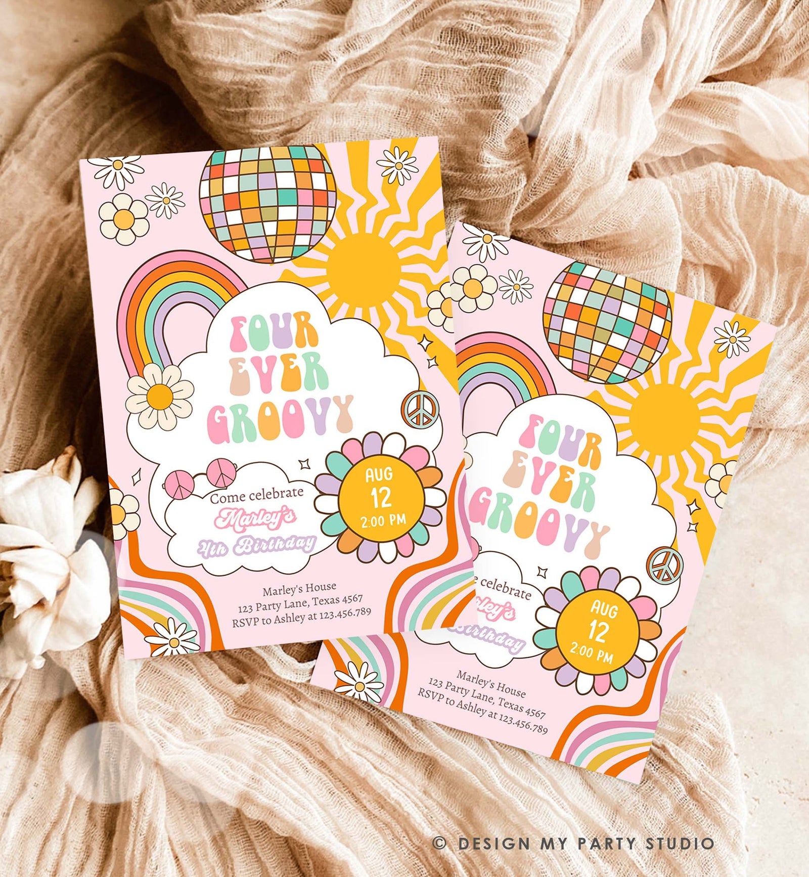 Editable Four ever Groovy Birthday Invitation 4th Birthday Retro Rainbow Peace Love Party Four Digital Download Template Printable 0538