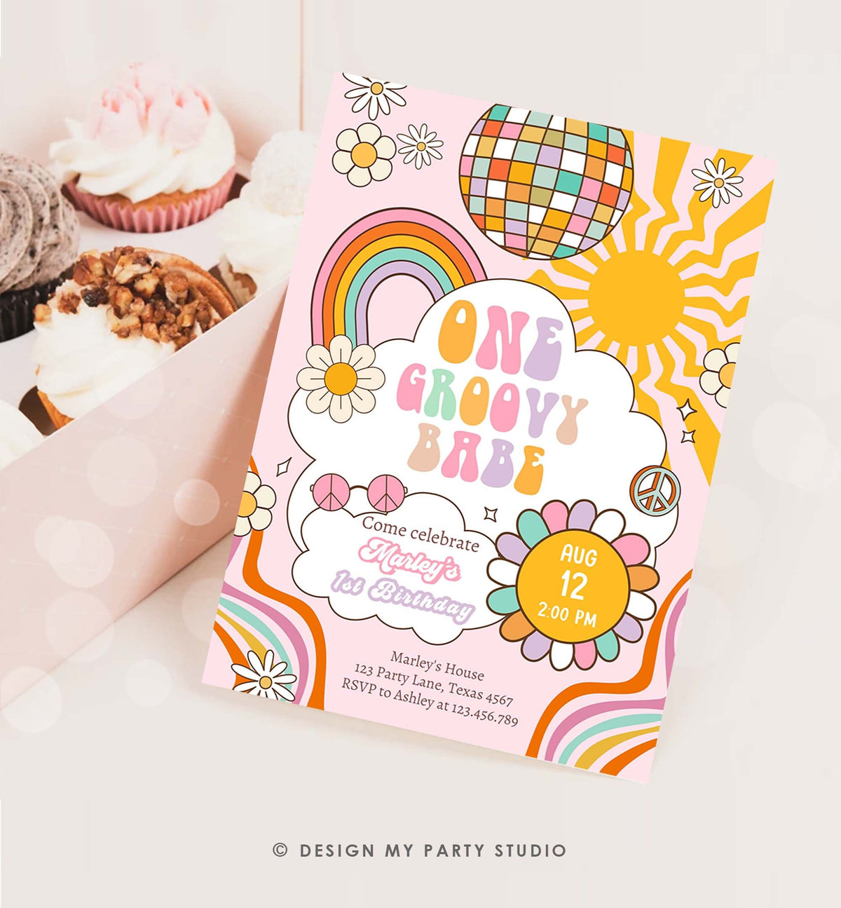 Editable Groovy One Retro 1st Birthday Invitation First Birthday One Groovy Babe Invite Peace Love Pink Download Template Corjl Digital 0538