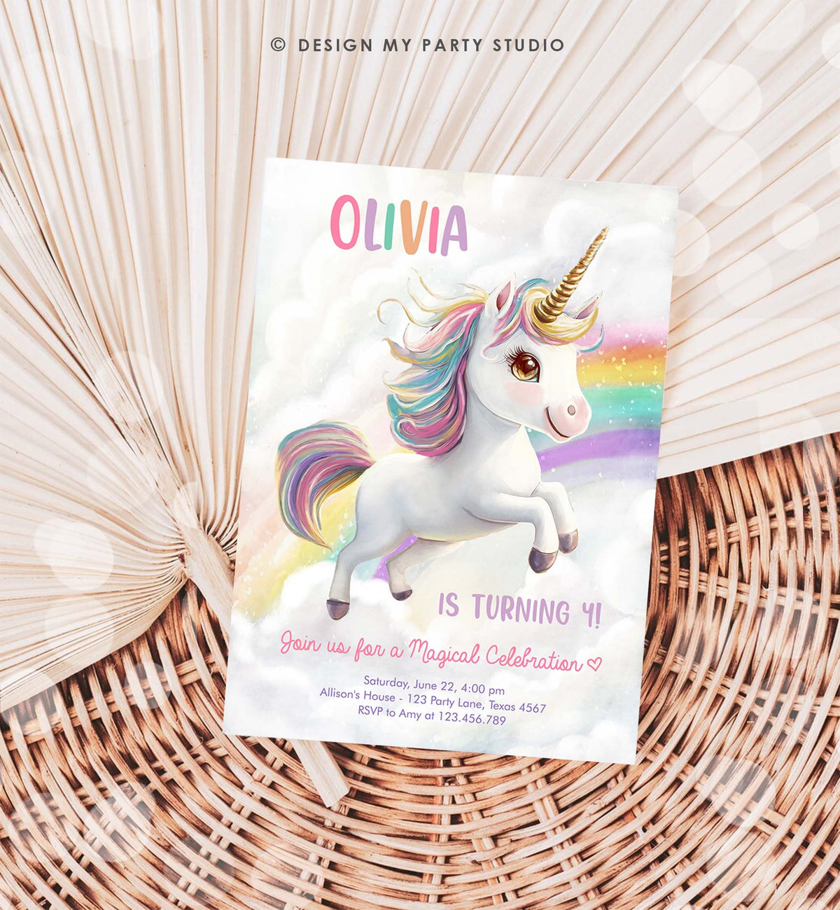 Editable Unicorn Birthday Invitation Magical Party Invite Girl Pink Pastel First Digital Unicorn Party Template Rainbow Download Corjl 0503