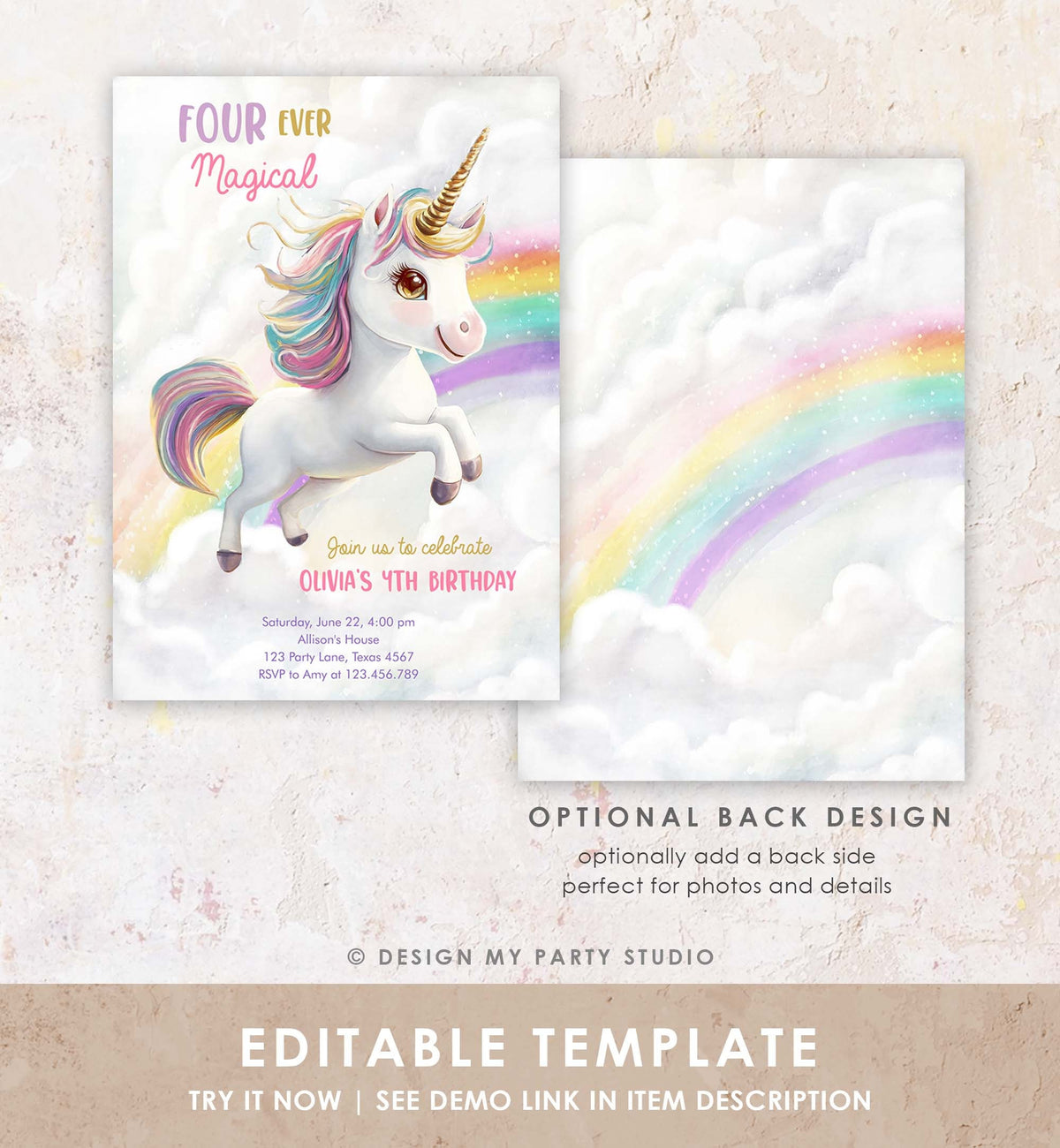 Editable Unicorn 4th Birthday Invitation Four Ever Magical Party Girl Rainbow Fourth Digital Download Evite Template Printable 0503