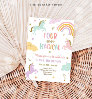 Editable Unicorn 4th Birthday Invitation Four Ever Magical Party Invite Girl Pastel Fourth Birthday Template Rainbow Download Corjl 0426