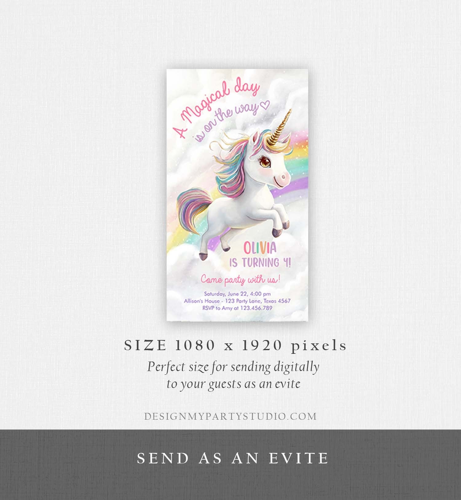 Editable Unicorn Birthday Evite Magical Party Invite Girl Pink Pastel First Digital Unicorn Party Rainbow Phone Digital Template 0503