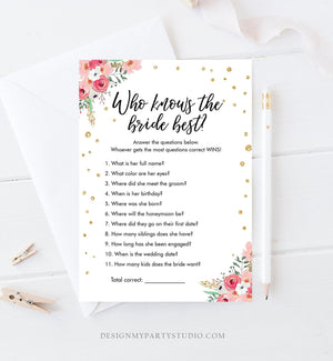 Editable Who Knows the Bride Best Bridal Shower Game Wedding Shower Activity Floral Pink Gold Confetti Corjl Template Printable 0030 0318