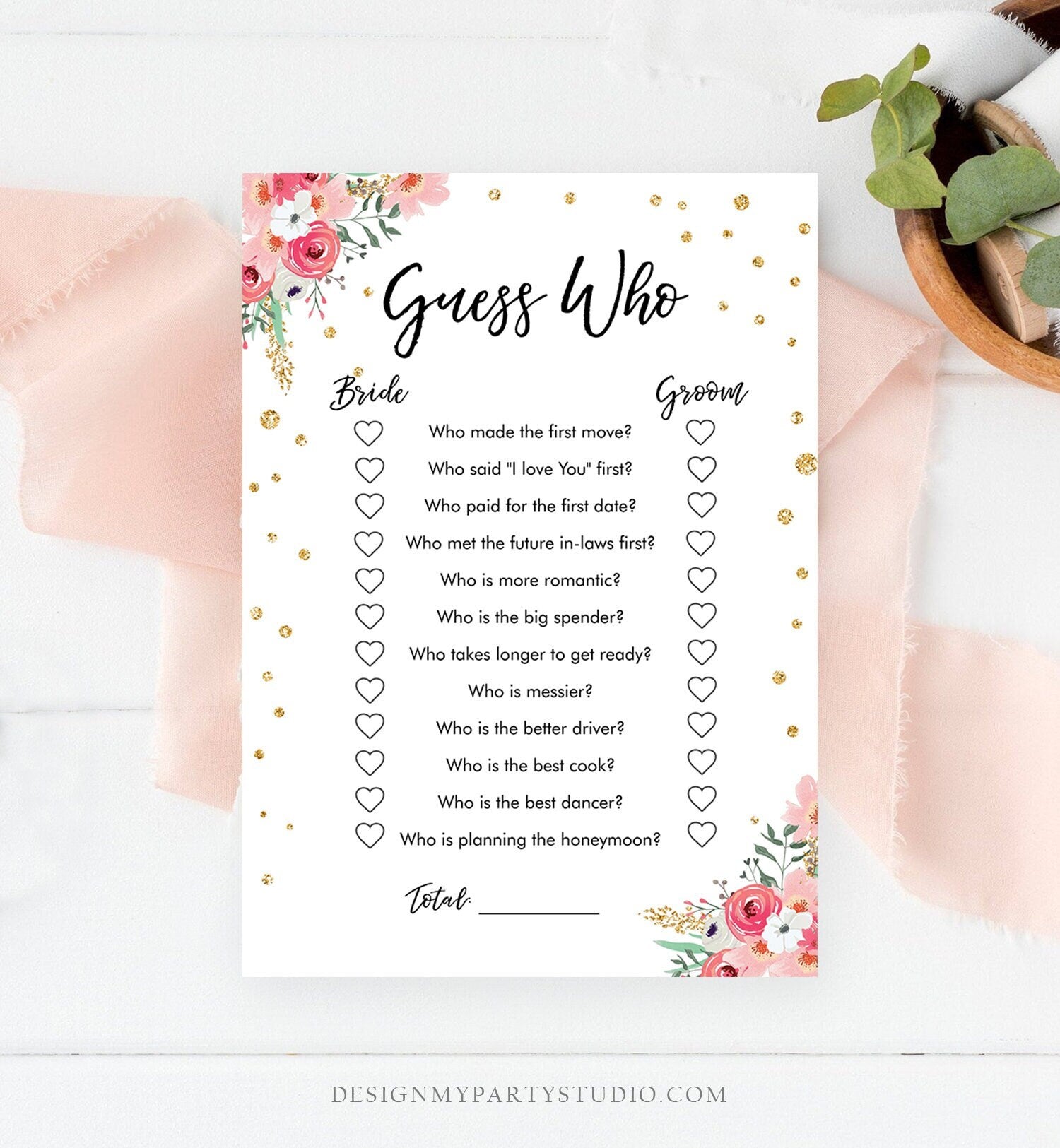 Editable Guess Who Bridal Shower Game Floral Bride Groom Said Wedding Shower Activity Flowers Pink Gold Digital Template Printable 0030