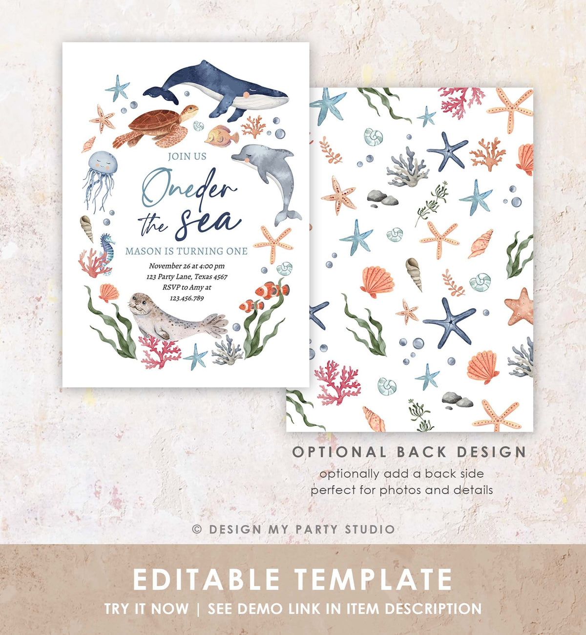 Editable Oneder the Sea Birthday Invitation Nautical 1st Birthday First Under The Sea Ocean Animals Download Printable Corjl Template 0504