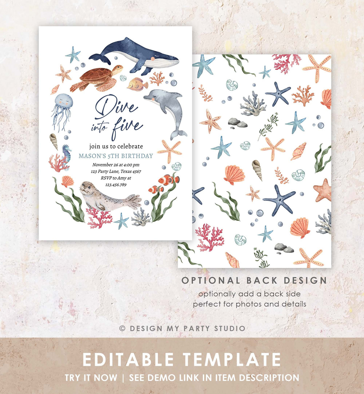 Editable Dive Into Five Birthday Invitation Nautical 5th Birthday Under The Sea Invite Ocean Animals Download Printable Corjl Template 0504