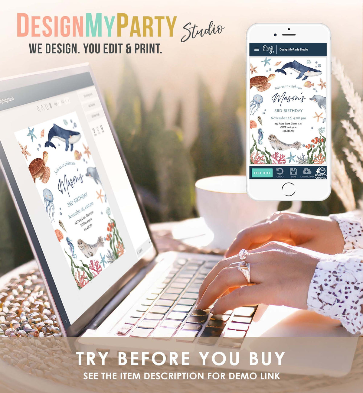 Editable Under The Sea Birthday Invitation Nautical Birthday Party Kids Sea Life Ocean Animals Digital Download Template Printable 0504