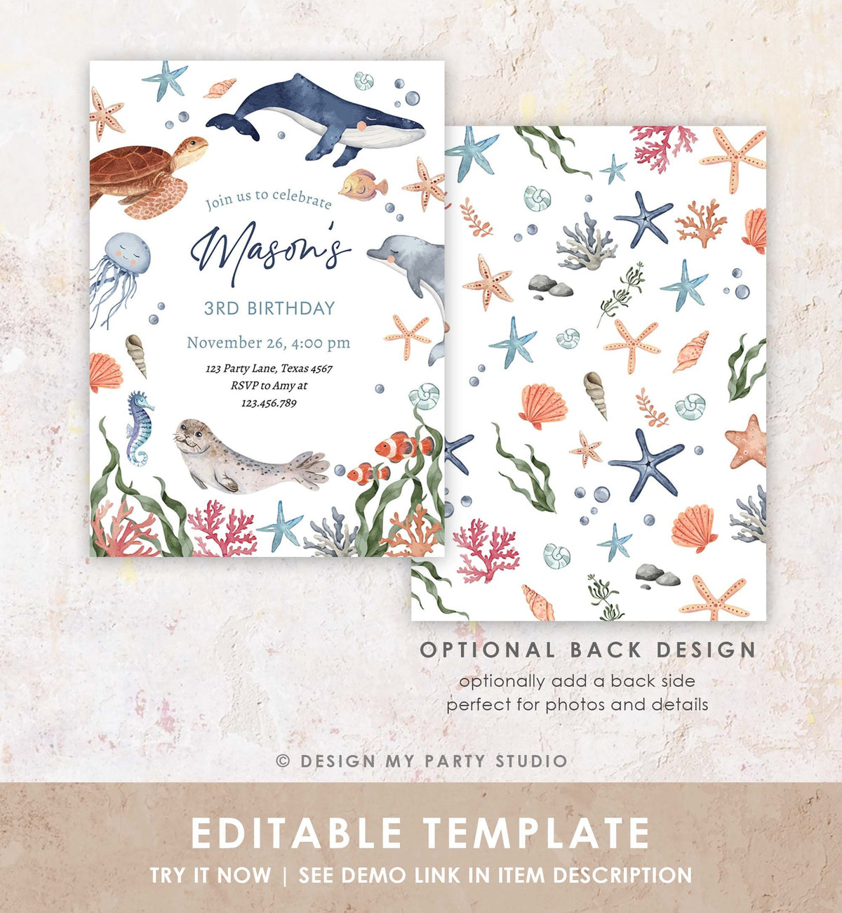 Editable Under The Sea Birthday Invitation Nautical Birthday Party Kids Sea Life Ocean Animals Digital Download Template Printable 0504