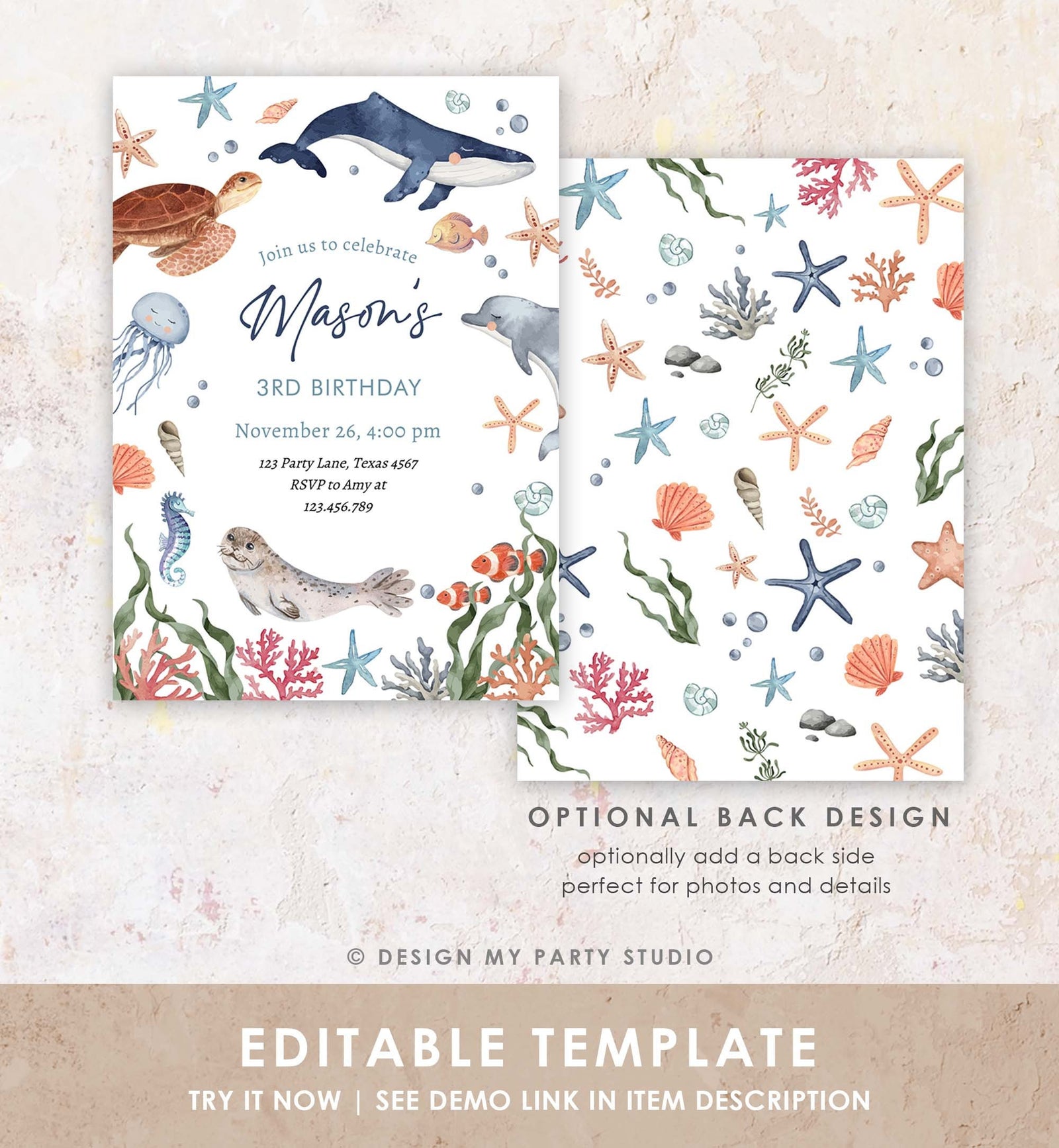 Editable Under The Sea Birthday Invitation Nautical Birthday Party Kids Sea Life Ocean Animals Digital Download Template Printable 0504