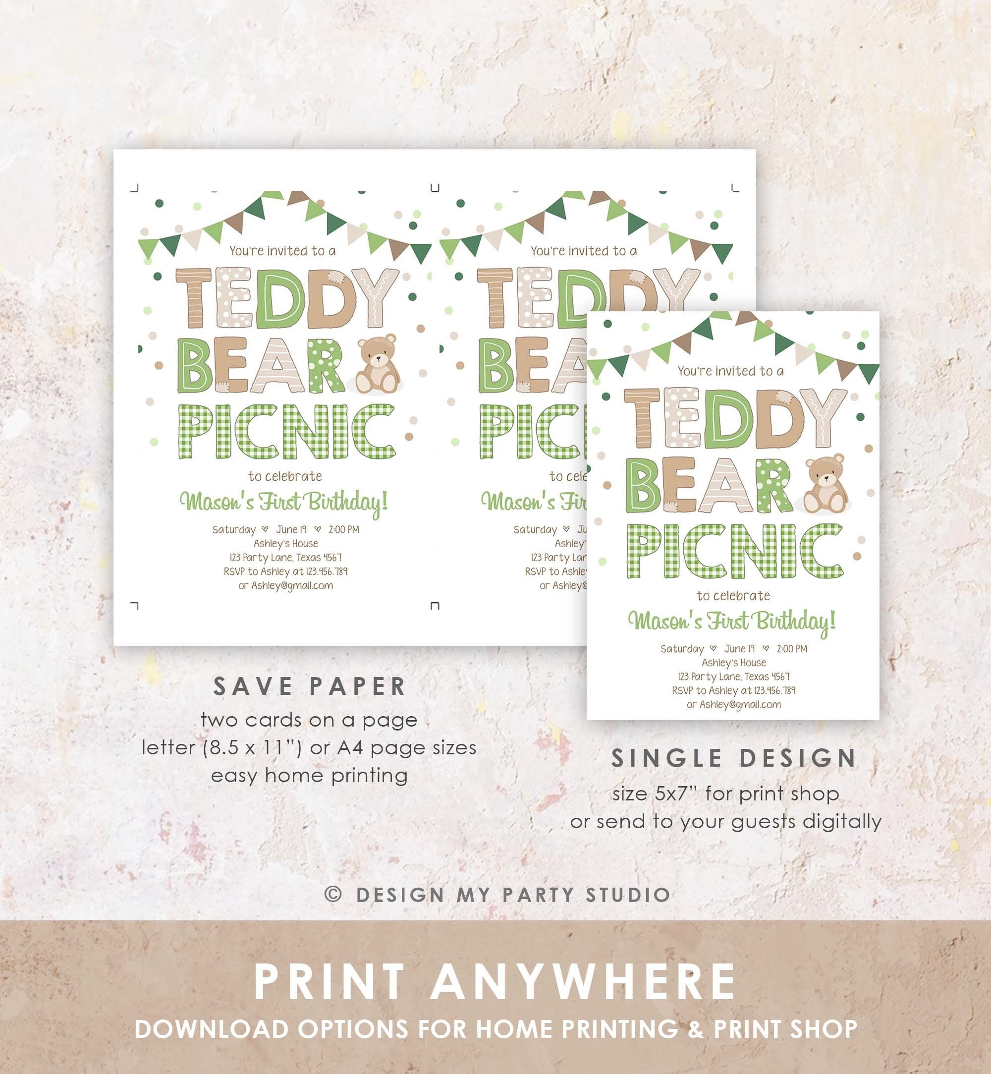Editable Teddy Bear Picnic Birthday Invitation Boy Green Gingham Bear Picnic Outdoor First Birthday Evite Digital Download Template 0100