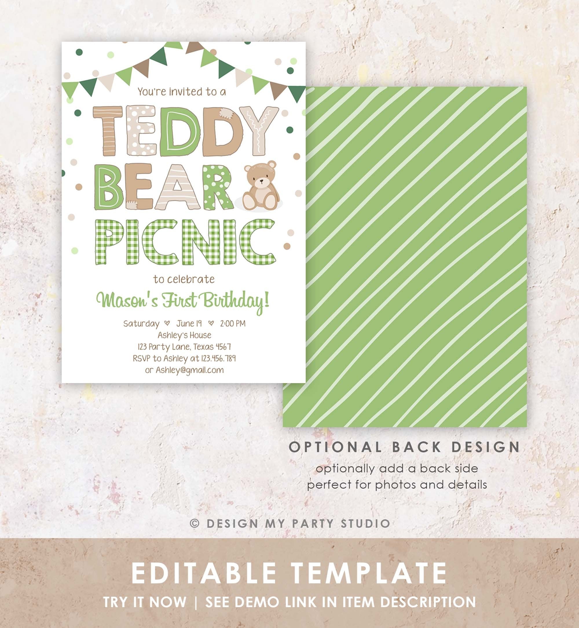 Editable Teddy Bear Picnic Birthday Invitation Boy Green Gingham Bear Picnic Outdoor First Birthday Evite Digital Download Template 0100