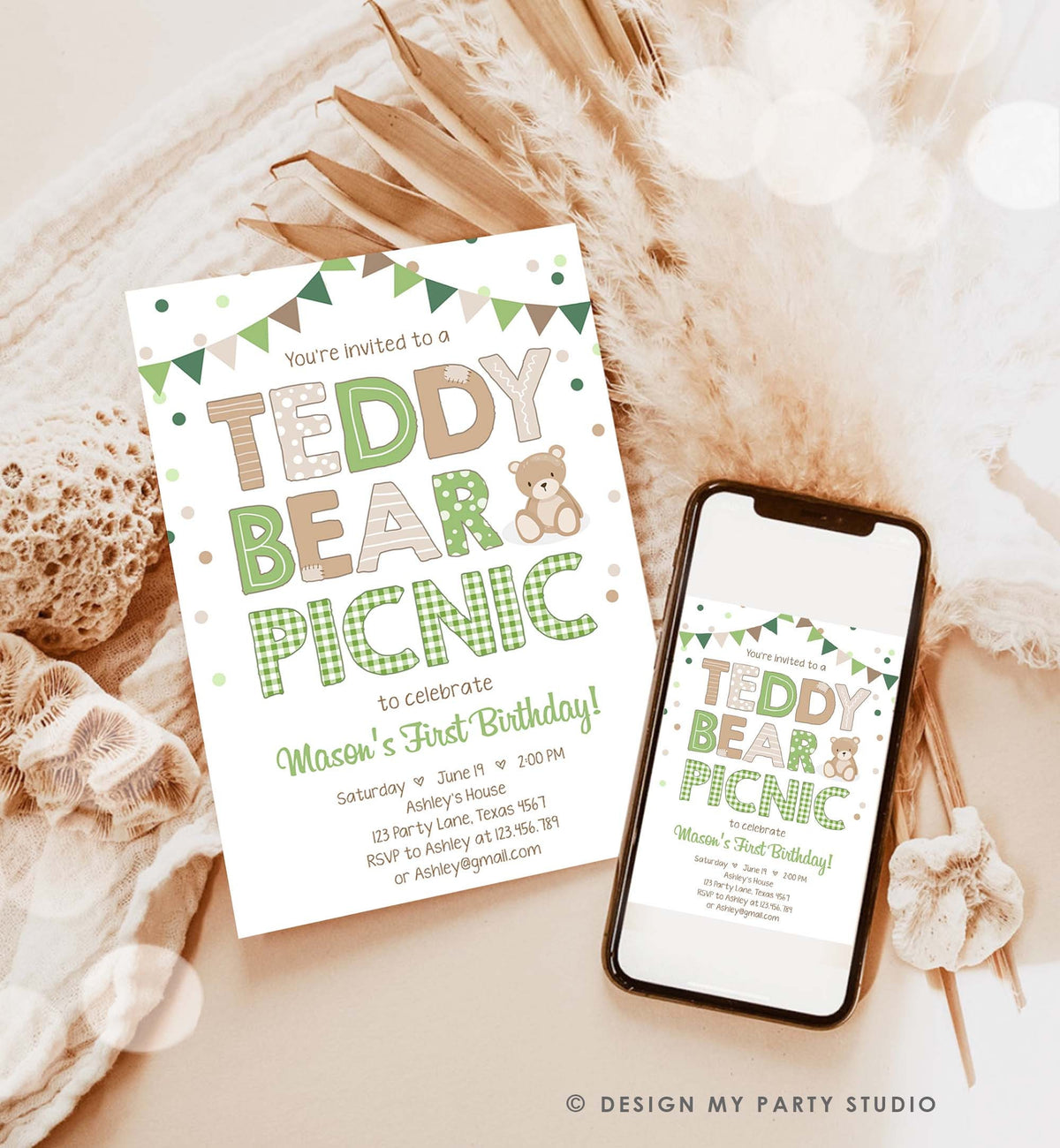 Editable Teddy Bear Picnic Birthday Invitation Boy Green Gingham Bear Picnic Outdoor First Birthday Evite Digital Download Template 0100