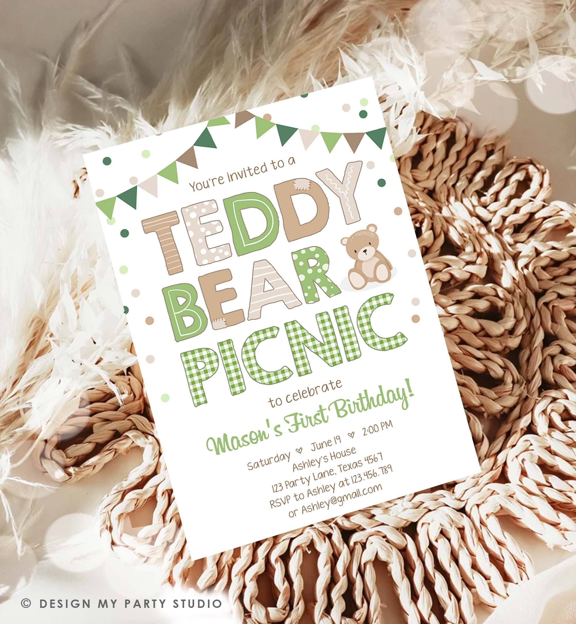 Editable Teddy Bear Picnic Birthday Invitation Boy Green Gingham Bear Picnic Outdoor First Birthday Evite Digital Download Template 0100