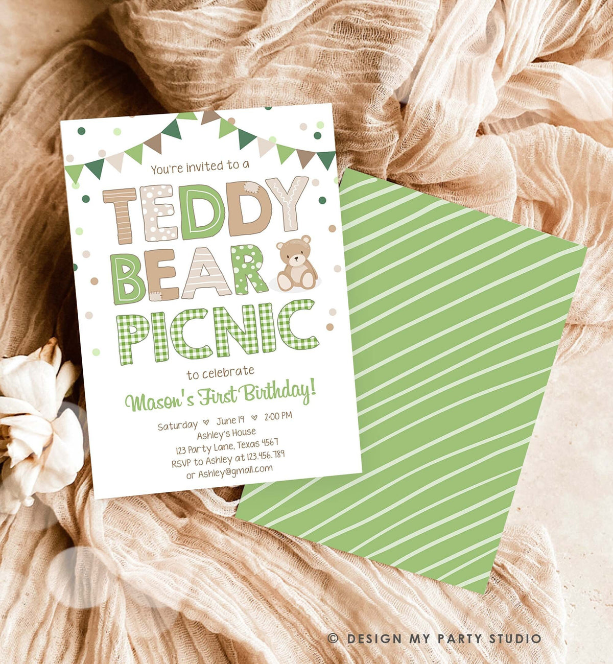 Editable Teddy Bear Picnic Birthday Invitation Boy Green Gingham Bear Picnic Outdoor First Birthday Evite Digital Download Template 0100