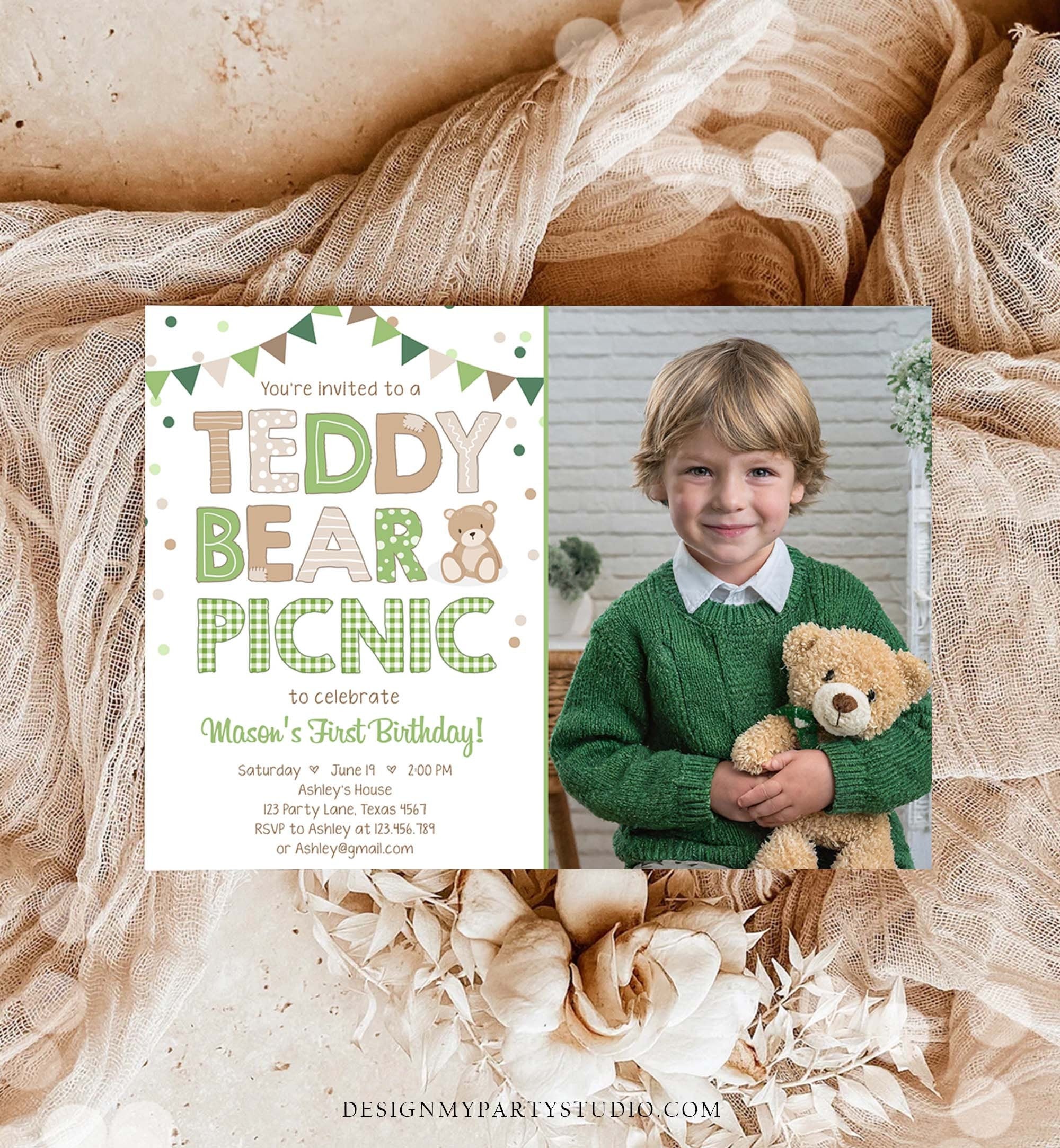 Editable Teddy Bear Picnic Birthday Invitation Green Gingham Boy Bear Picnic Outdoor First Birthday Digital Evite Template Printable 0100