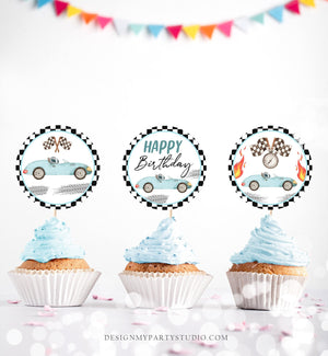 Racing Car Birthday Cupcake Toppers Vintage Race Car Blue Boy Growing Up Two Fast Two Favor Tag Stickers Instant Download PRINTABLE 0424