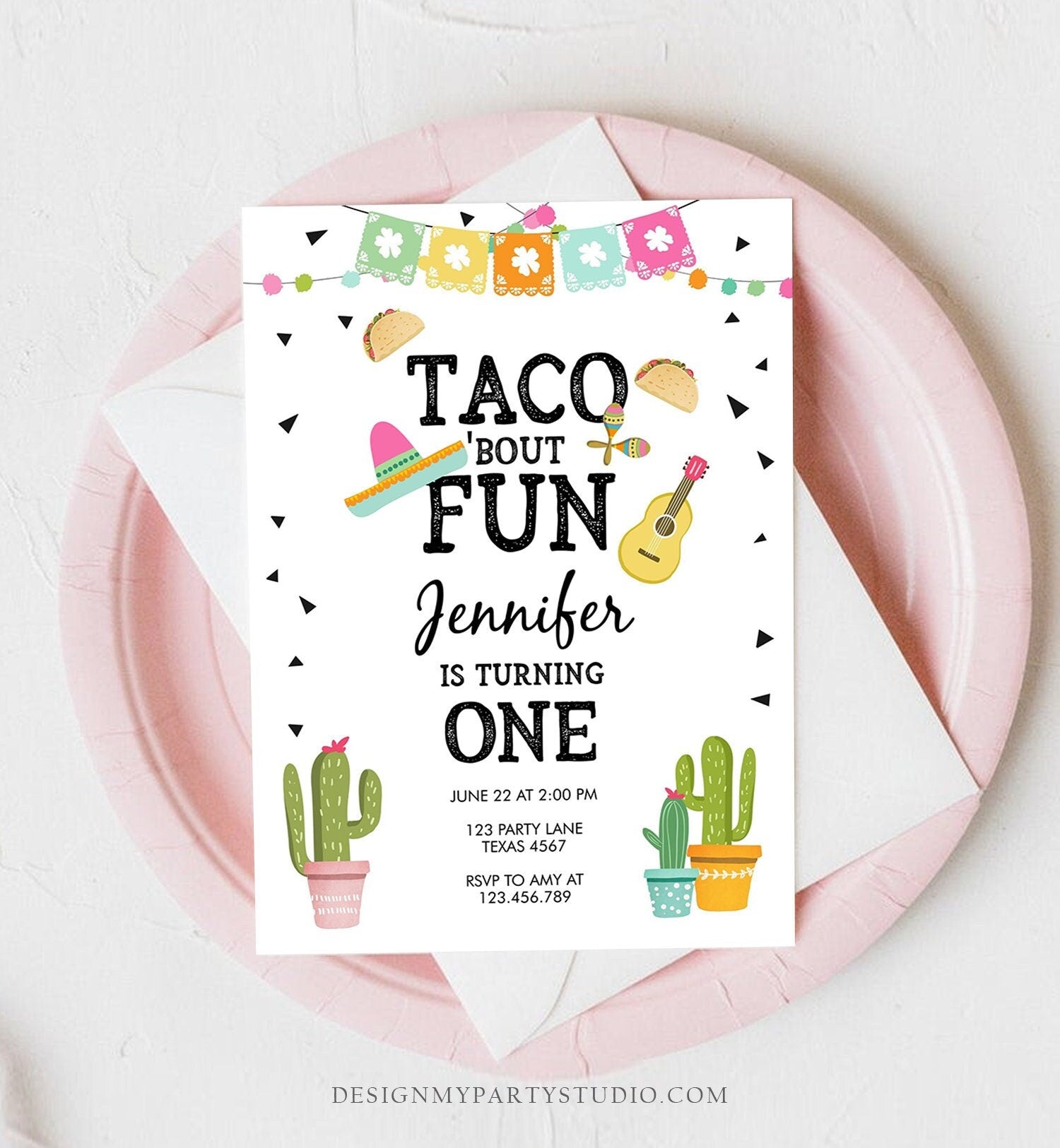 Editable Taco Bout Fun Birthday Invitation Girl First Fiesta Birthday Cactus Sombrero Pink Instant Download Printable Template Corjl 0161