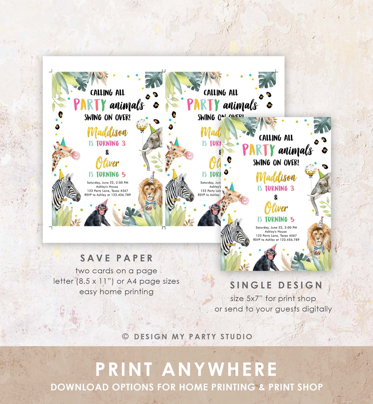 Editable Party Animals Joint Birthday Invitation Wild One Zoo Safari Animals Girl Boy Siblings Twins Download Corjl Template Printable 0417