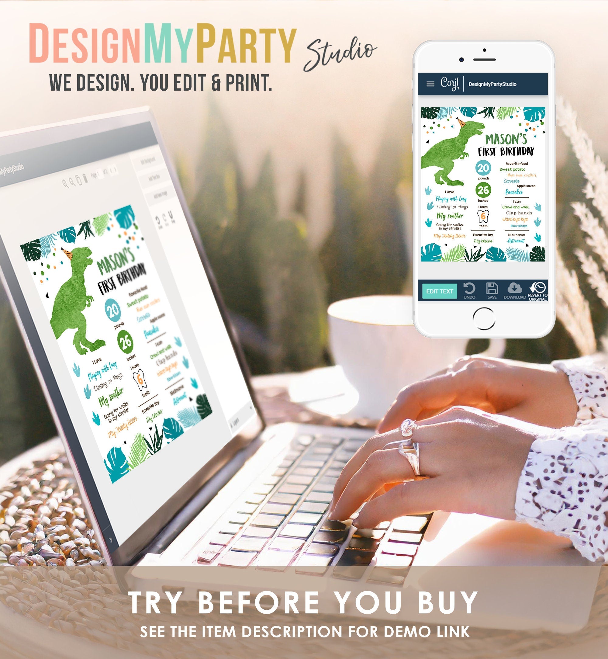 Editable Dinosaur Birthday Milestone Sign Dino Green T-Rex Boy First Birthday Prehistoric Poster Digital Download Template Printable 0389