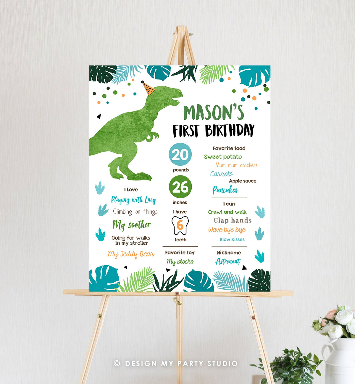 Editable Dinosaur Birthday Milestone Sign Dino Green T-Rex Boy First Birthday Prehistoric Poster Digital Download Template Printable 0389