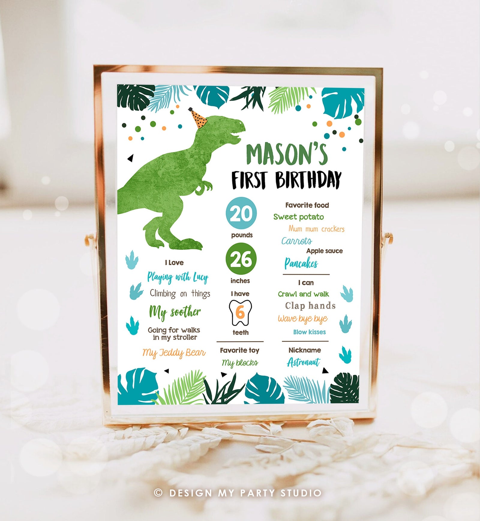 Editable Dinosaur Birthday Milestone Sign Dino Green T-Rex Boy First Birthday Prehistoric Poster Digital Download Template Printable 0389