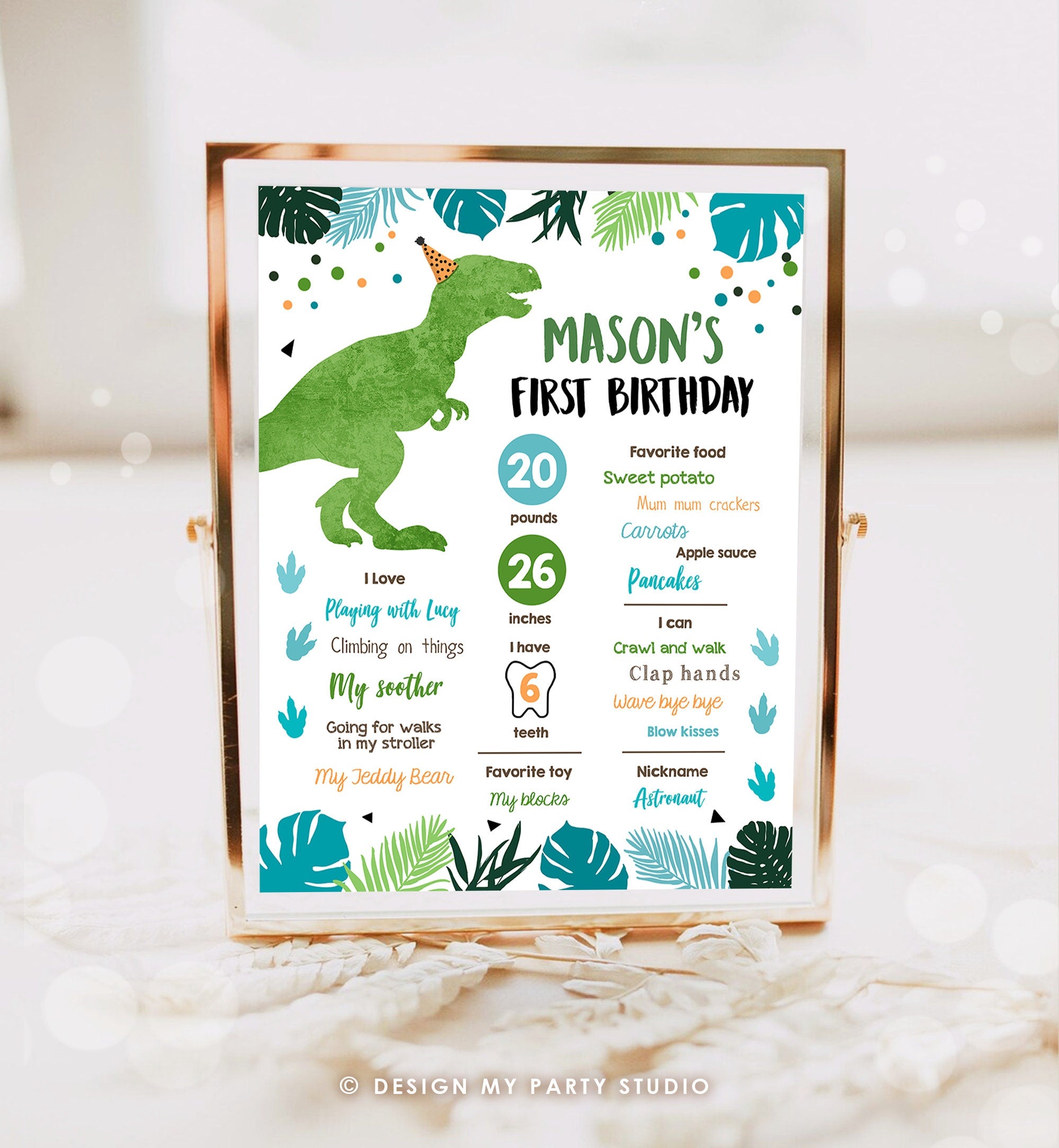 Editable Dinosaur Birthday Milestone Sign Dino Green T-Rex Boy First Birthday Prehistoric Poster Digital Download Template Printable 0389