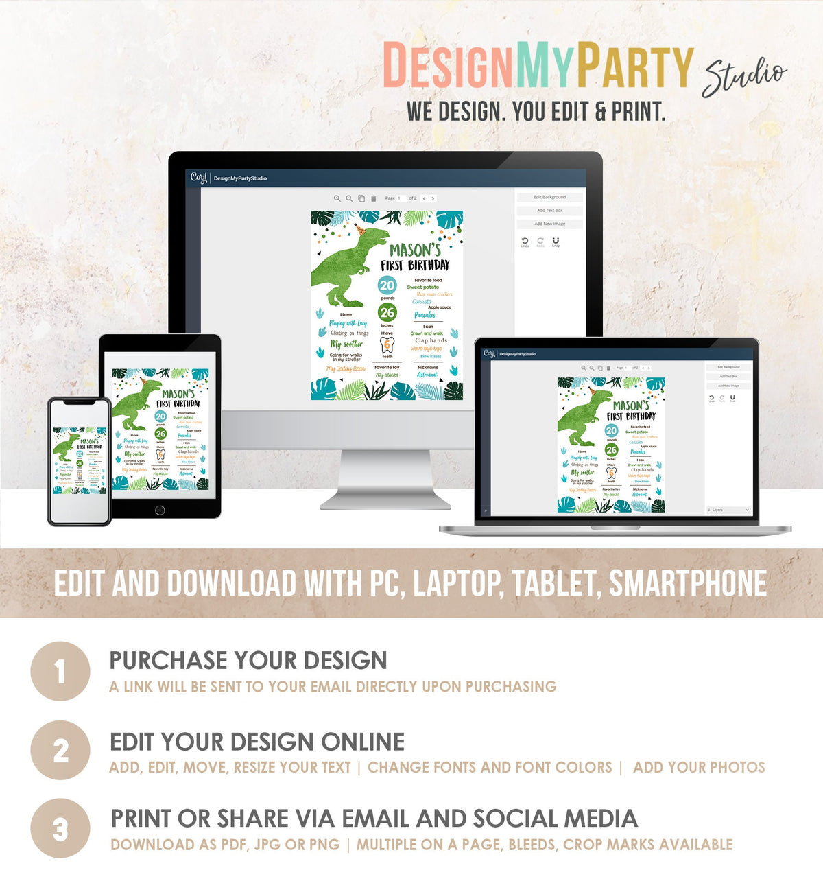 Editable Dinosaur Birthday Milestone Sign Dino Green T-Rex Boy First Birthday Prehistoric Poster Digital Download Template Printable 0389