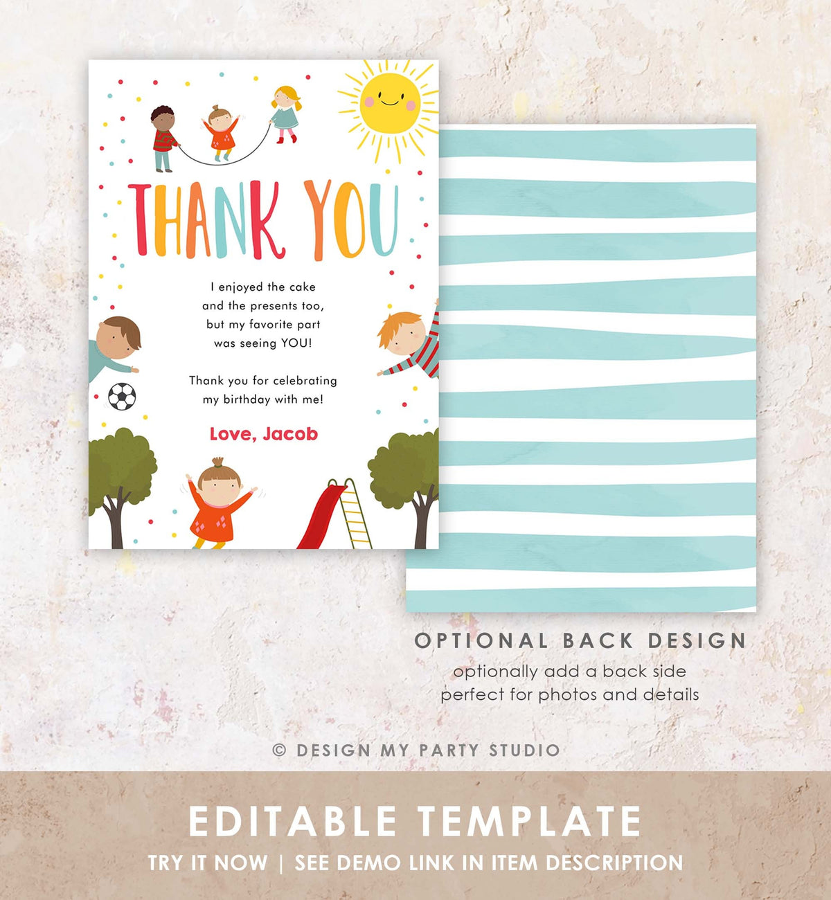 Editable Playground Thank You Card Birthday Boy In the Park Party Climb Slide and Play Note Digital Download Template Printable 0327