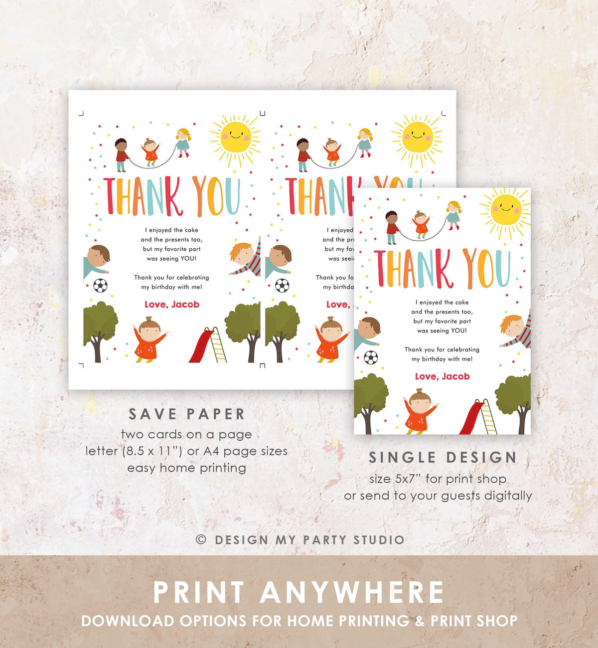 Editable Playground Thank You Card Birthday Boy In the Park Party Climb Slide and Play Note Digital Download Template Printable 0327