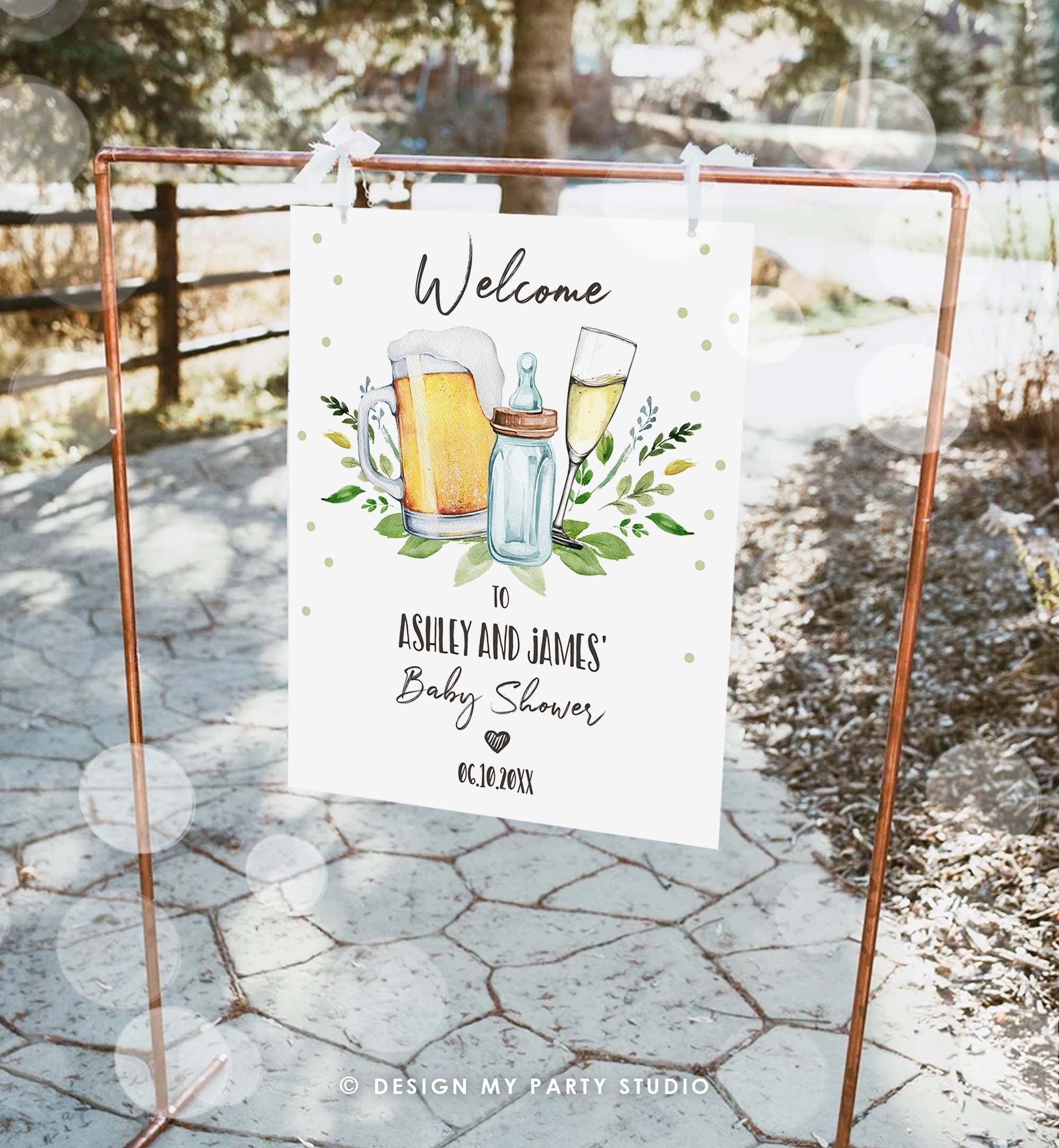 Editable A Baby is Brewing Welcome Sign Brewing Baby Shower Bottle and Beers Champagne Cheers Coed Couples Shower Corjl Template 0190