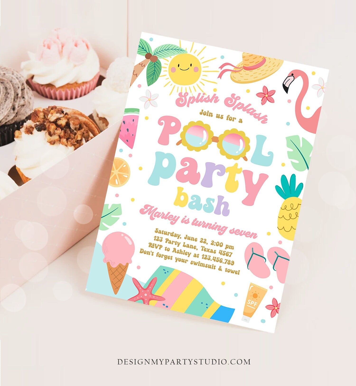 Editable Splish Splash Birthday Invitation Pool Party Girl Pool Party Bash Summer Swimming Download Printable Invite Template Evite 0465